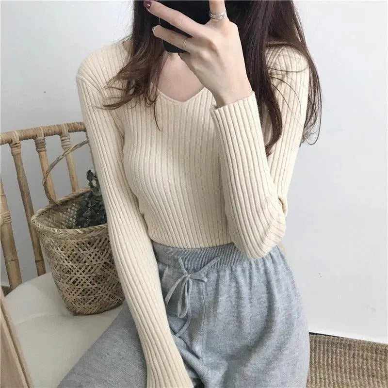 Stylish V Neck Slim Knitted Sweater for Women - Soft Comfortable Pullover for Fall & Winter - Perfect for Office, Dating and Casual Outfits