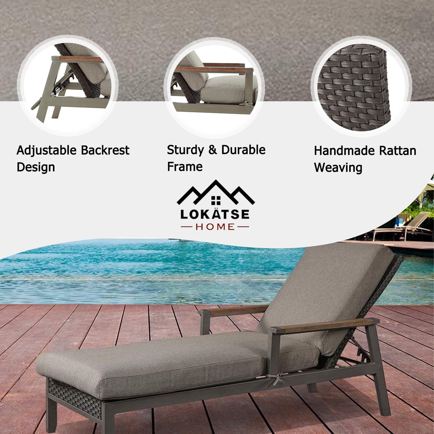 LOKATSE HOME Adjustable Patio Chaise Lounge Chair - Steel Frame Wicker Sun Lounger with Thick Cushion, Grey - Perfect for Poolside, Backyard, Beach & Outdoor Relaxation