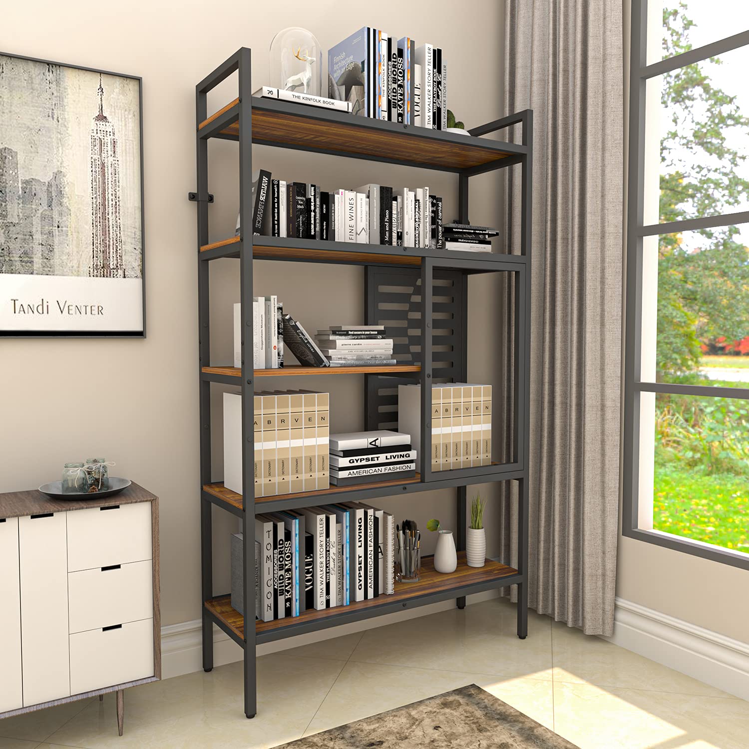 Weehom 5-Tier Adjustable Industrial Bookshelf - Modern Wood Bookcase with Sturdy Metal Frame, Open Storage Shelves for Living Room, Bedroom, Office & Kitchen - Perfect for Organizing Books, Decor & Kitchen Supplies