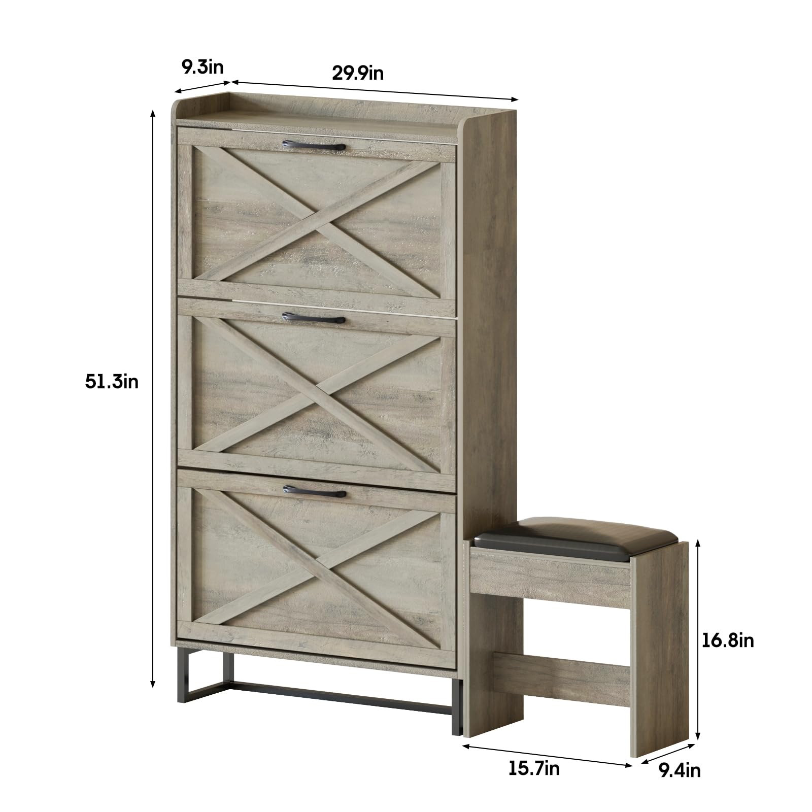Maupvit 3-Tier Flip Drawer Shoe Storage Cabinet - Freestanding Farmhouse Organizer with Bench Seat & Cushion, Slim Narrow Shoe Rack with Metal Legs for Entryway, Hallway or Bedroom - Grey
