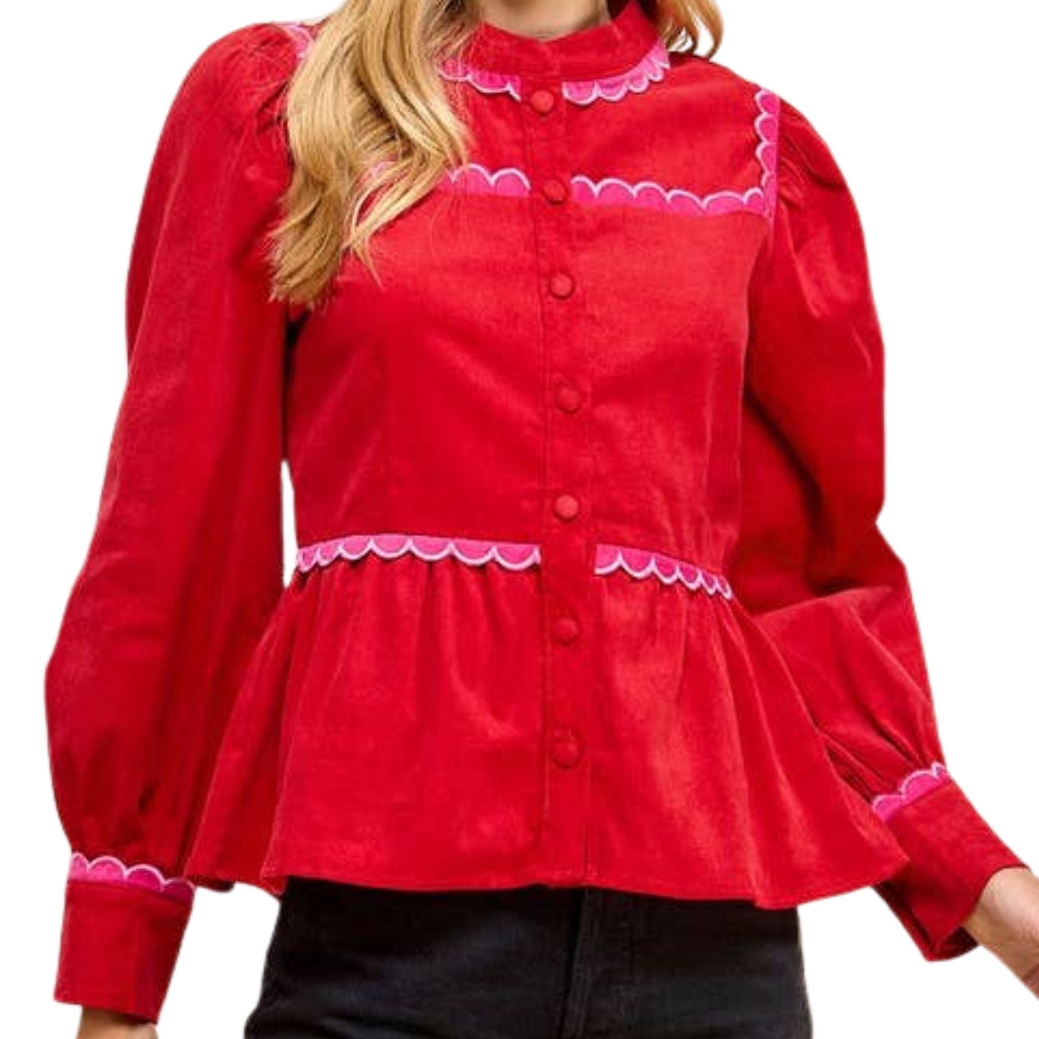 Women's Corduroy Button Up Shirt with Scallop Detail - Stylish Casual Blouse for Work, Date Night & Fall Outfits