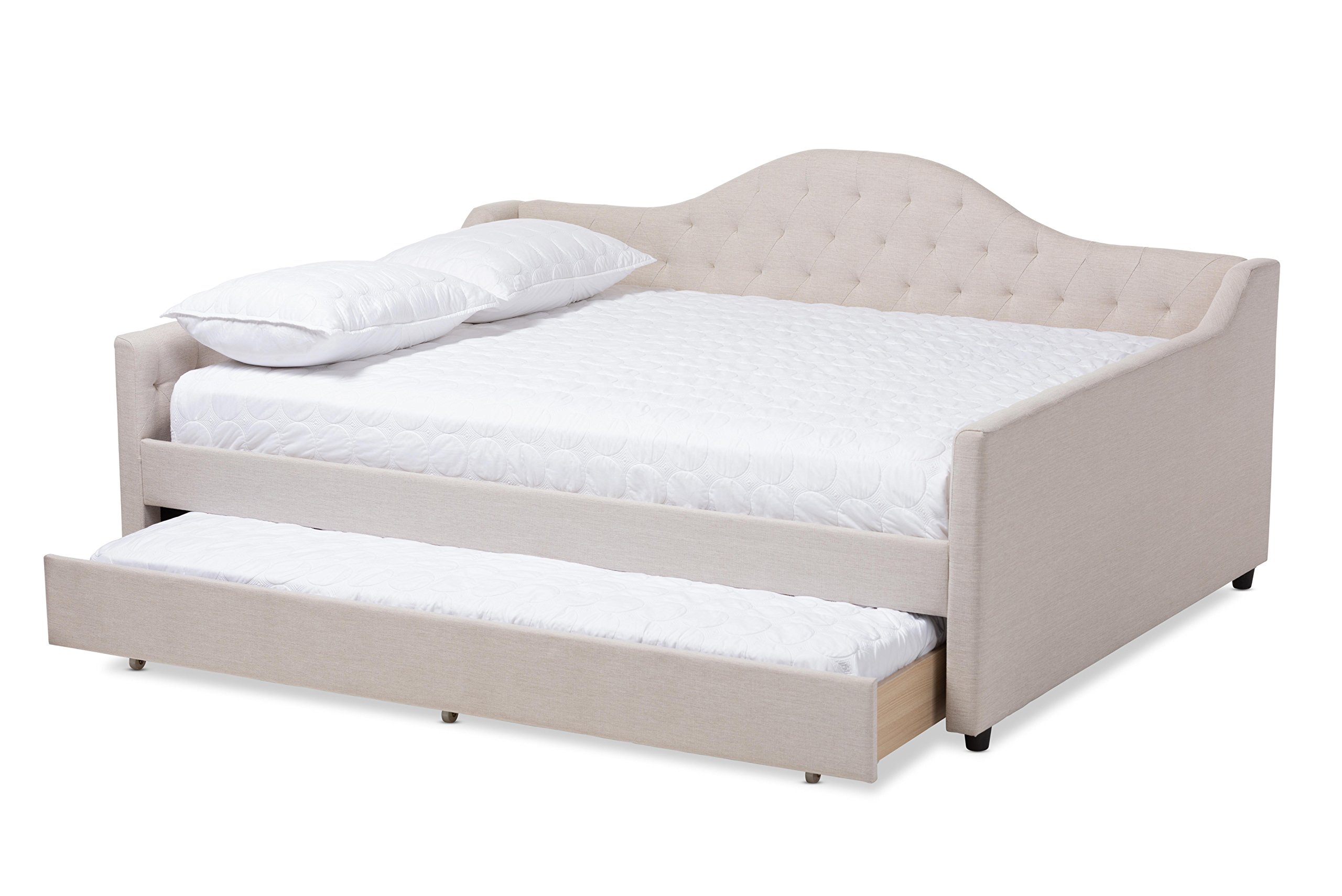 Baxton Studio Delia Daybed with Trundle - Queen Size Light Beige Sofa Bed for Guest Room, Living Room & Small Space Furniture
