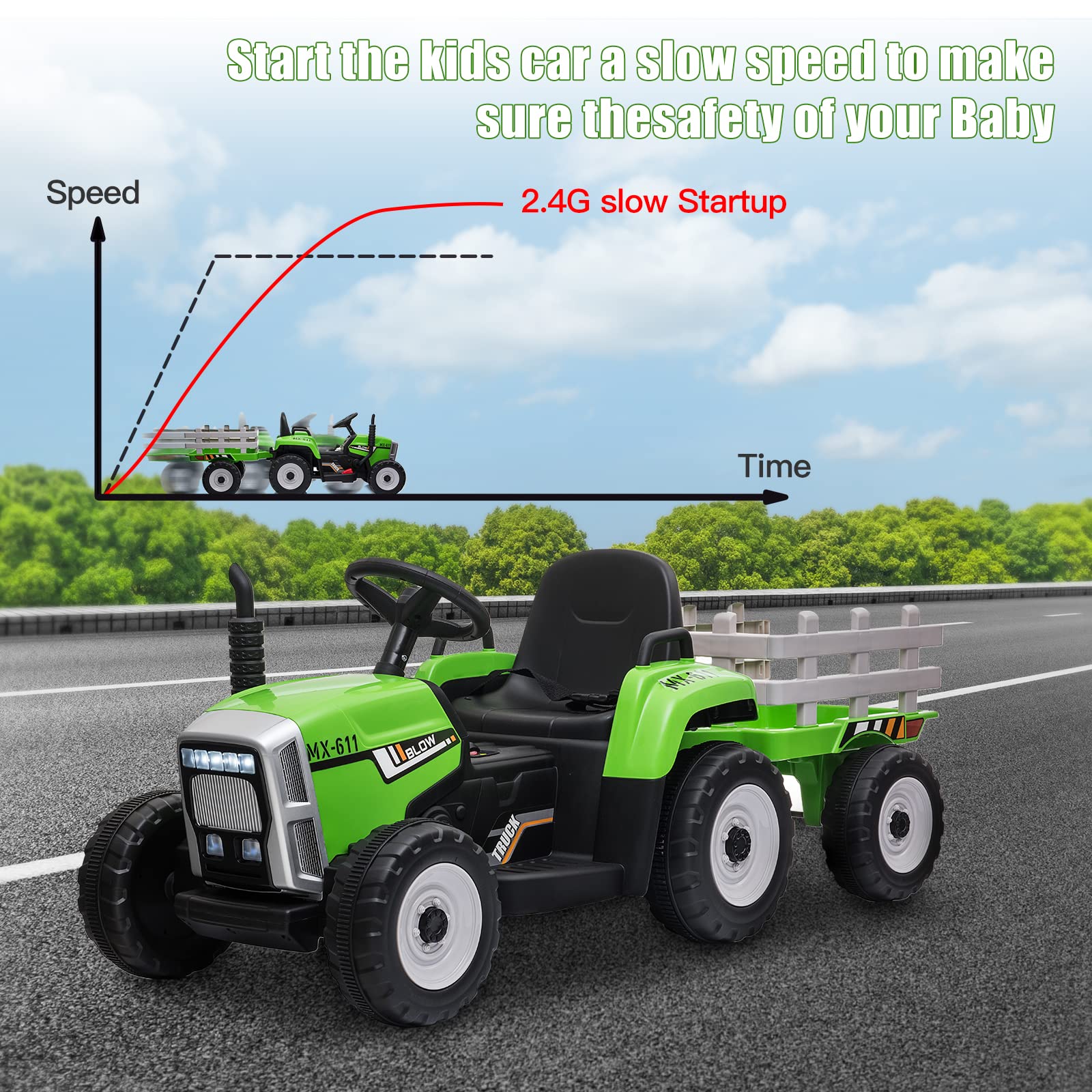 SEHOMY 12V Kids Electric Ride-On Tractor with Trailer - 25W Dual Motor Battery-Powered Toy Car with Parent Remote Control, 3-Speed Gear Shift, LED Lights & Music - Green Power Wheels for Boys & Girls | Outdoor Play, Backyard Fun, Birthday Gift for Toddlers Ages 2-5 Years