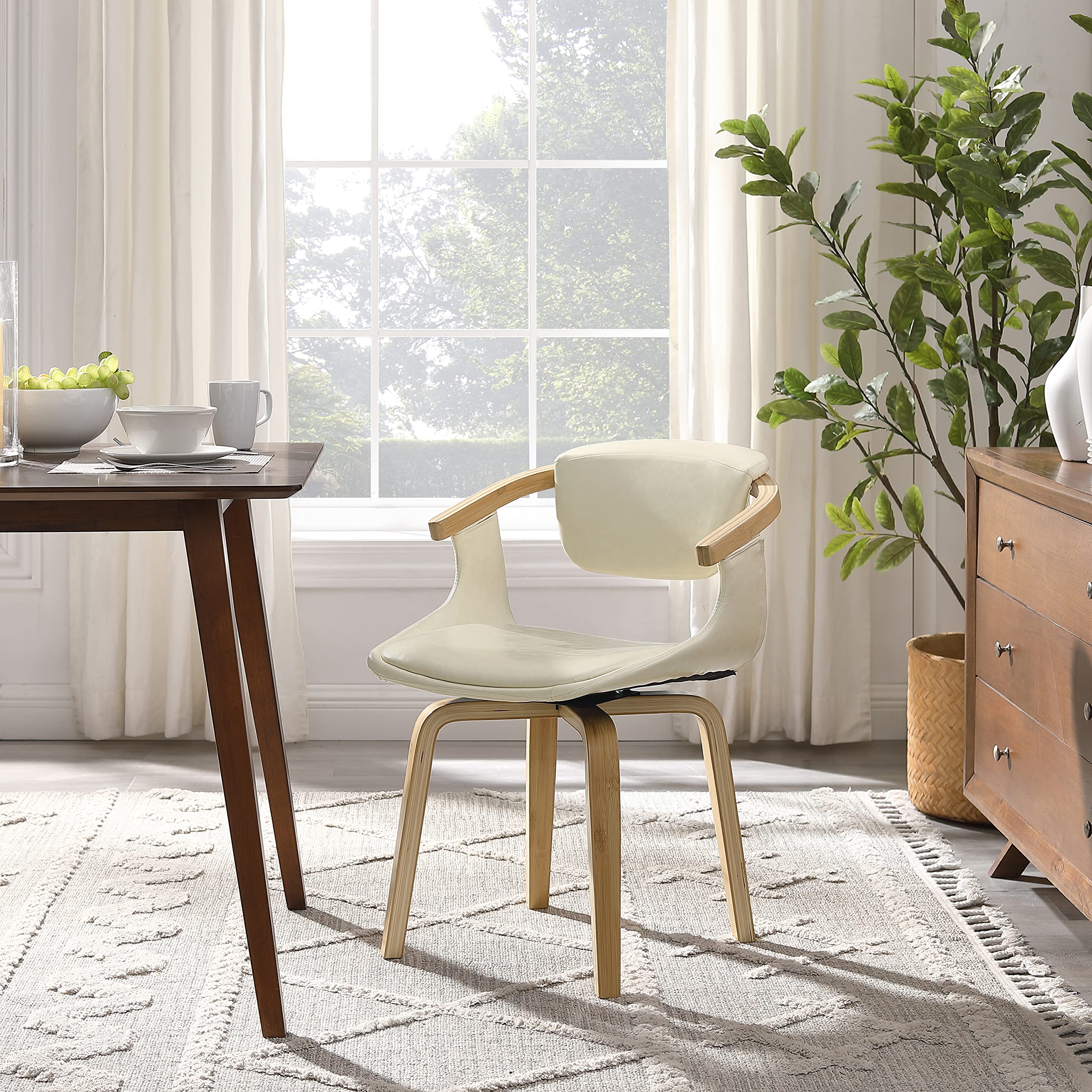 Art Leon Mid Century Modern Swivel Accent Chair - Faux Leather Office Desk Chair Without Wheels for Small Spaces, Living Room & Bedroom - Off White | Perfect for Home Office, Study & Reading Nook