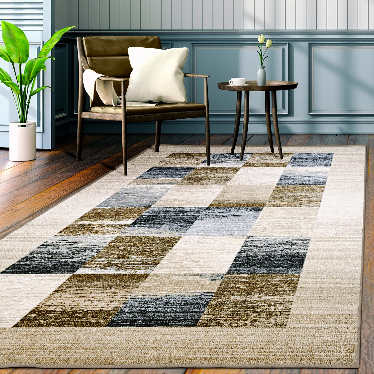 Premium Modern Geometric Indoor Area Rug – Washable, Non-Slip Foam Backing – Perfect for Living Room, Bedroom, Office, Kitchen & Dining – Lockwood Collection – 5' x 8' Cream – Adds Elegance to Any Home Decor