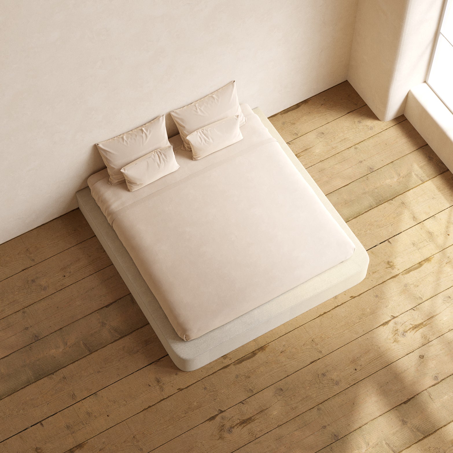 King Upholstered Platform Bed Frame with Blended Weave Fabric in Oat - Modern Bedroom Furniture for Master & Guest Rooms