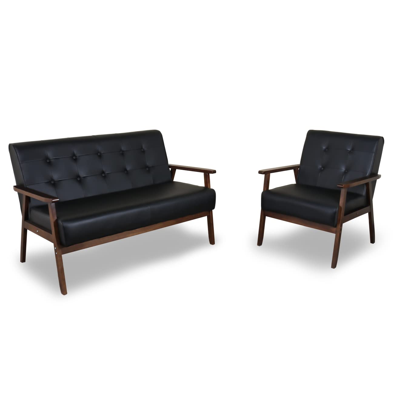 Mid-Century Modern 2-Seater Loveseat Sofa Set - Faux Leather & Wood Frame Living Room Couch for Home & Office - Sturdy Lounge Chairs (Black) - Perfect for Small Spaces, Apartments and Cozy Living Rooms