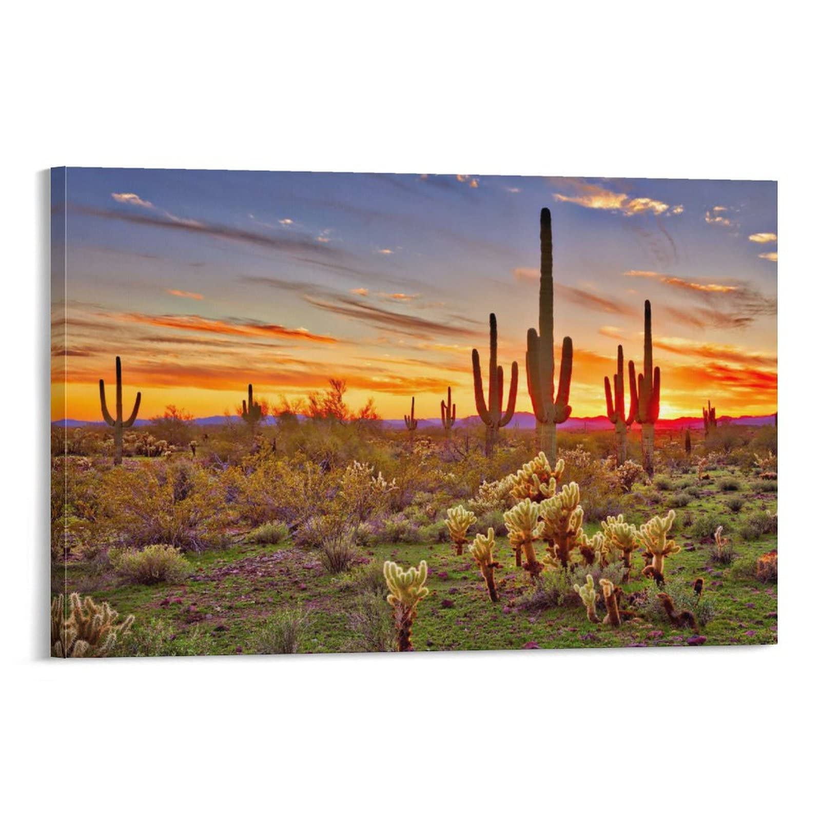 Sonoran Desert Sunset Wall Art - Saguaro Cactus Landscape Photo Print for Living Room, Bedroom & Bathroom Decor | 08x12inch Canvas Poster | Modern Home & Office Wall Decor | Arizona Desert Scenery Artwork