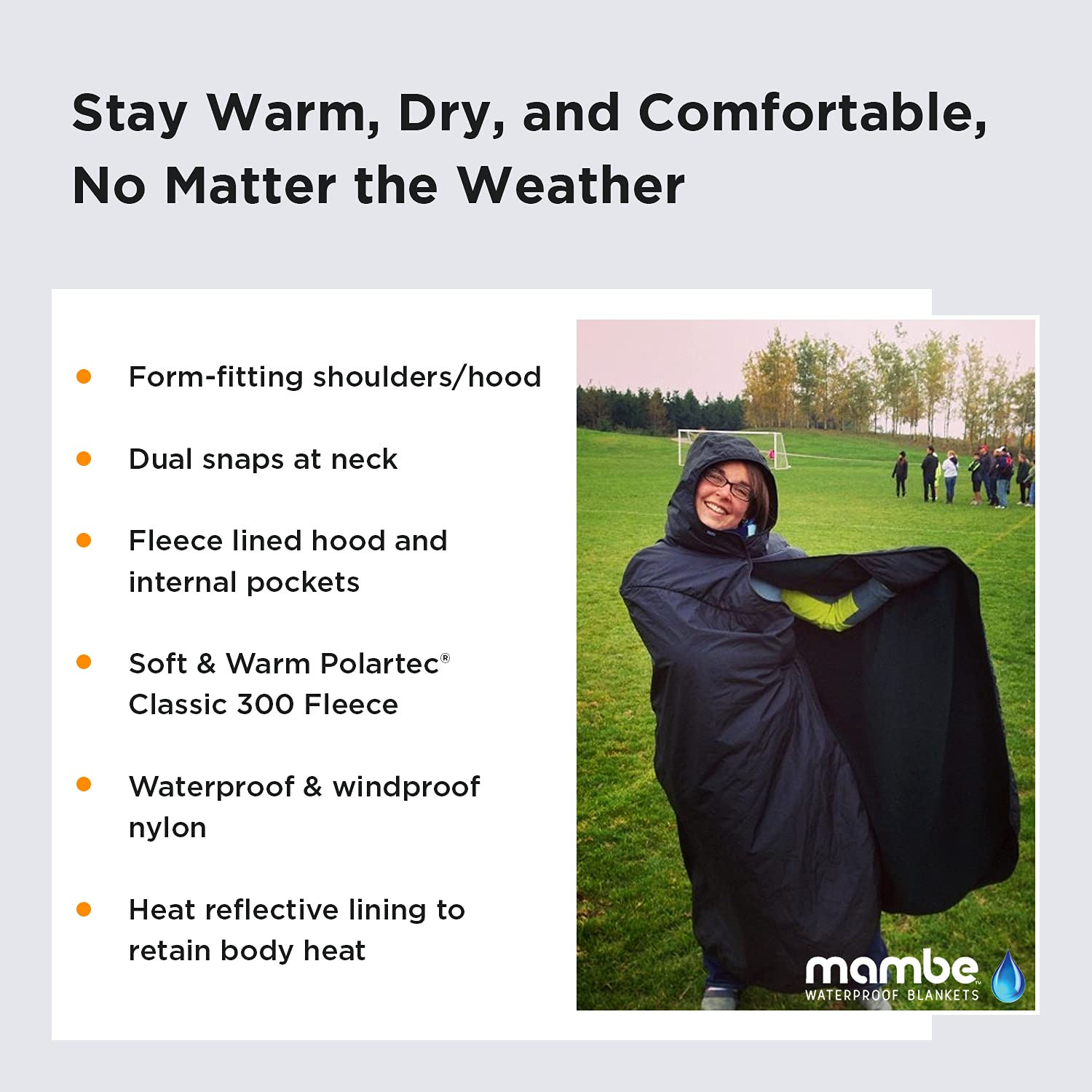Mambe Large Extreme Weather Hooded Blanket - 100% Waterproof Windproof Fleece Blanket with Premium Storage Sack - Perfect for Outdoor Sports, Camping, Hiking & Stadium Events - Machine Washable Cozy Winter Blanket
