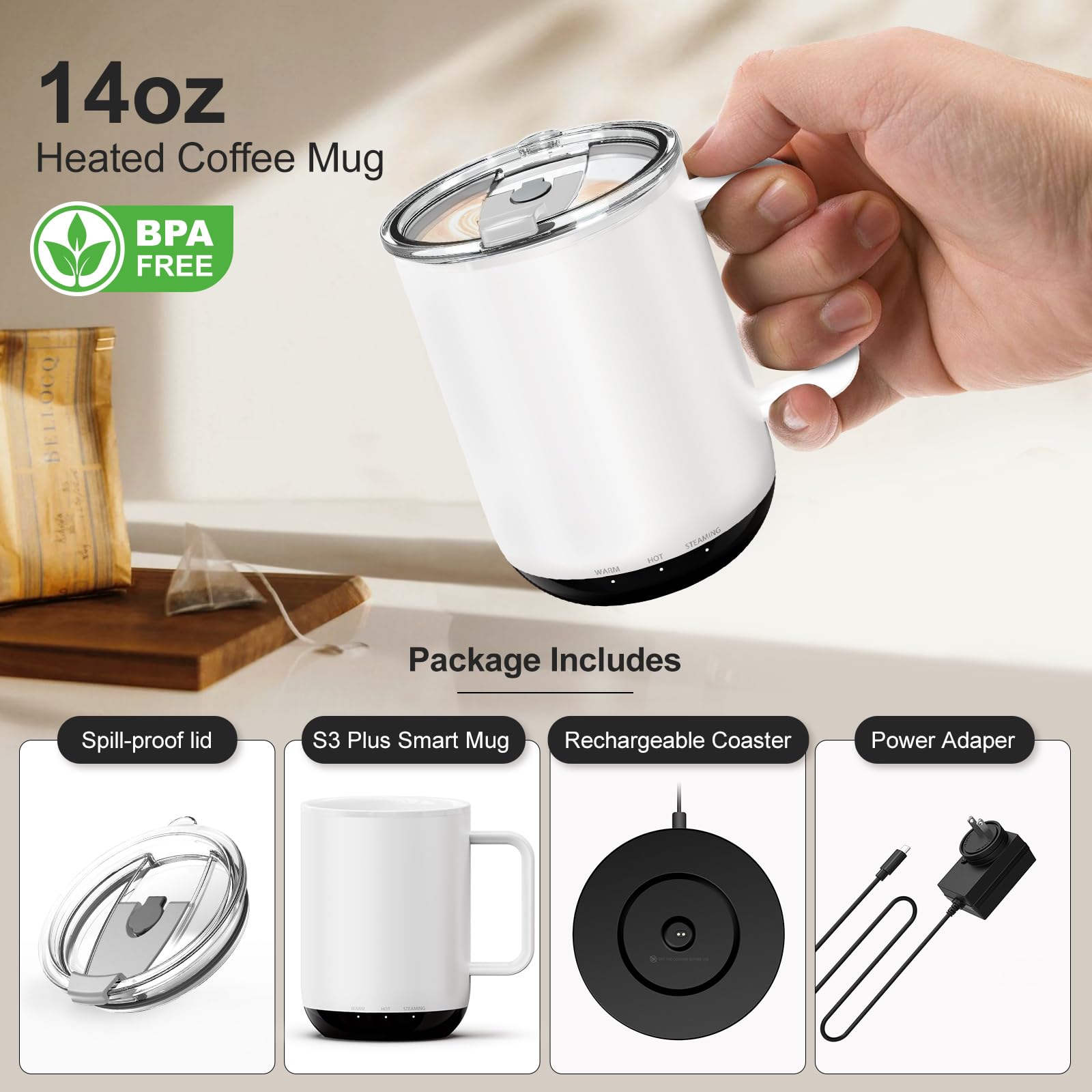VSITOO Smart Temperature Control Heated Coffee Mug - 14oz Rechargeable Travel Mug with APP Control, LED Display & Auto Warm Feature - Perfect for Office, Home & Outdoor Use (White)