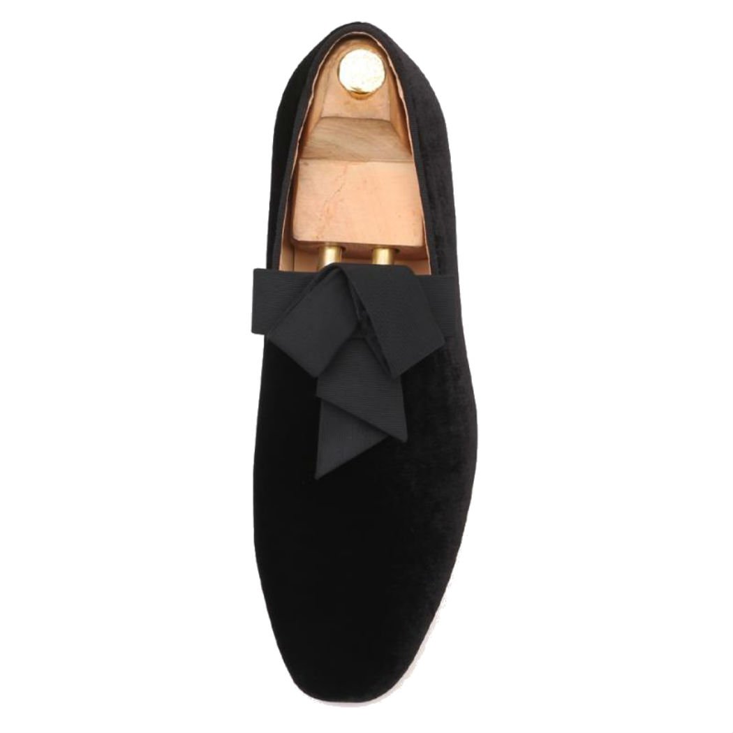 FERUCCI Handmade Men's Black Velvet Loafers with Ribbon Bow - Comfortable House Slippers for Indoor/Outdoor Wear, Perfect Gift for Christmas & Special Occasions
