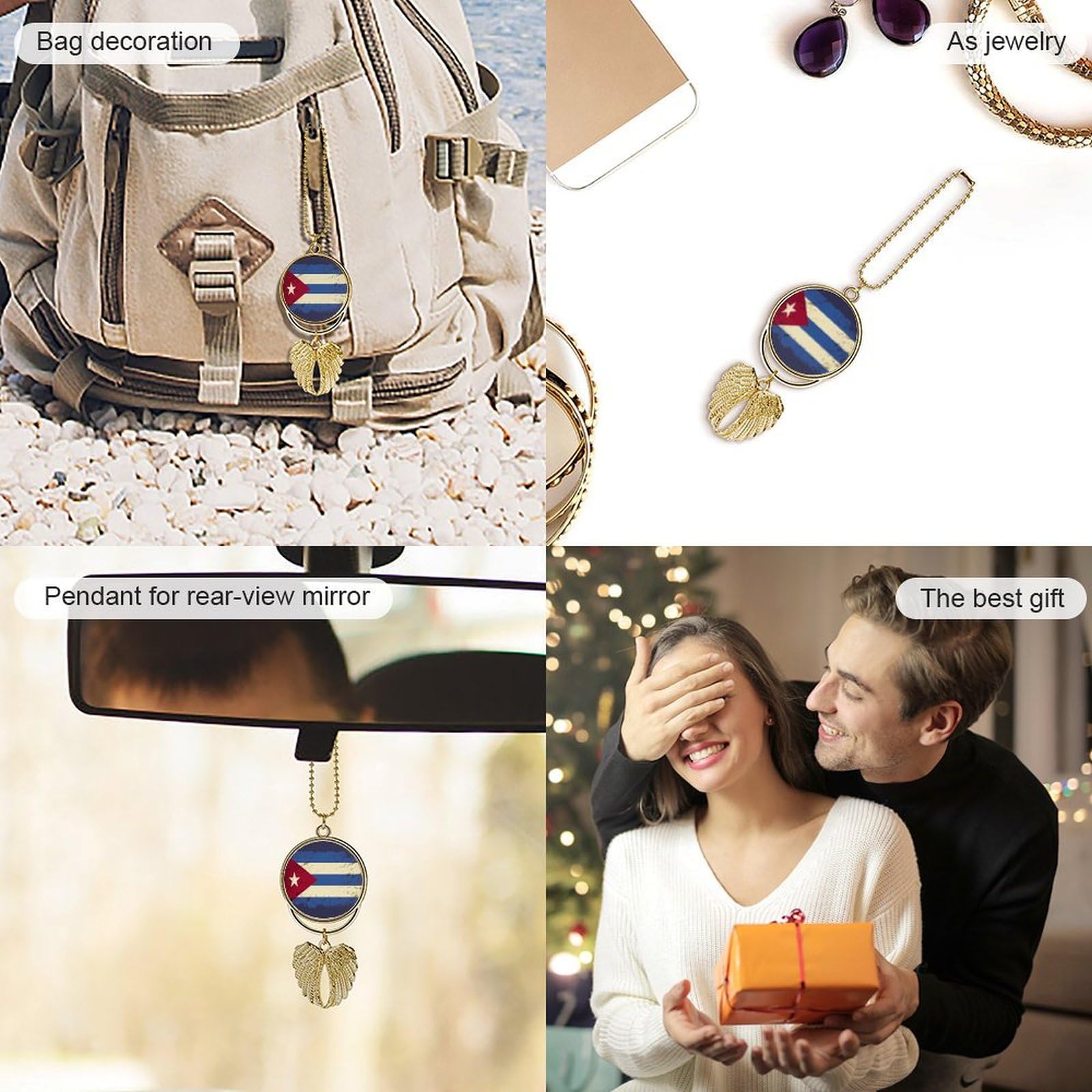 Stylish Cuban Flag Car Hanging Ornaments - Grunge Background Rearview Mirror Charms for Auto Interior Decoration | Perfect for Car Enthusiasts & Patriotic Drivers