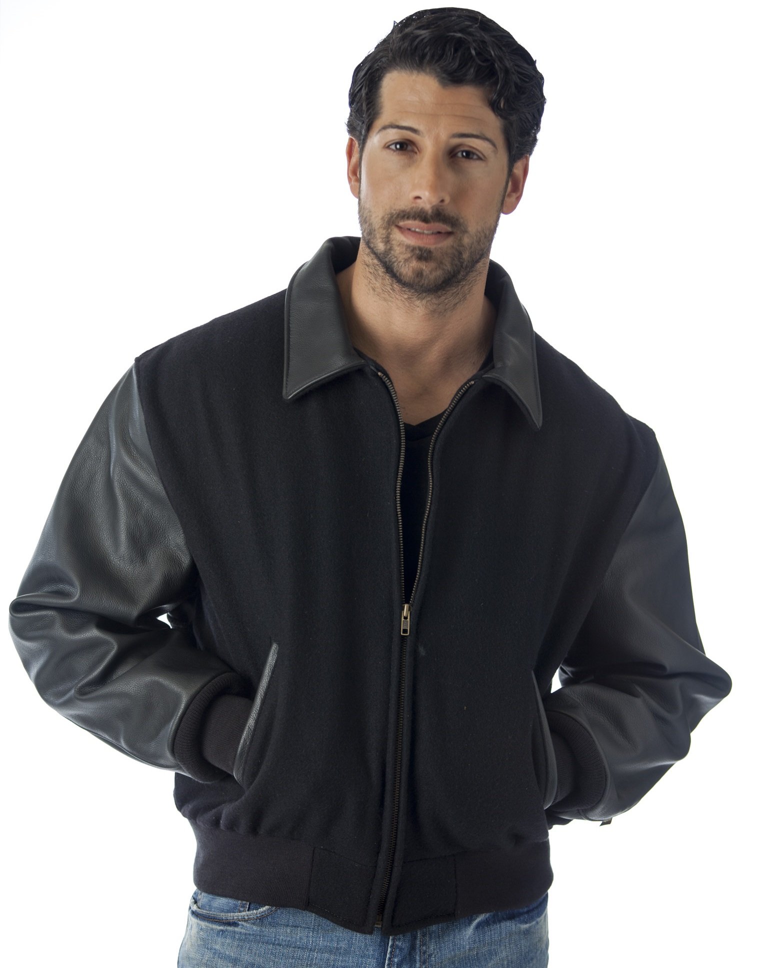 REED Men's Executive Leather Wool Varsity Jacket - Premium USA Made Leather Bomber Jacket for Business Casual & Winter Fashion