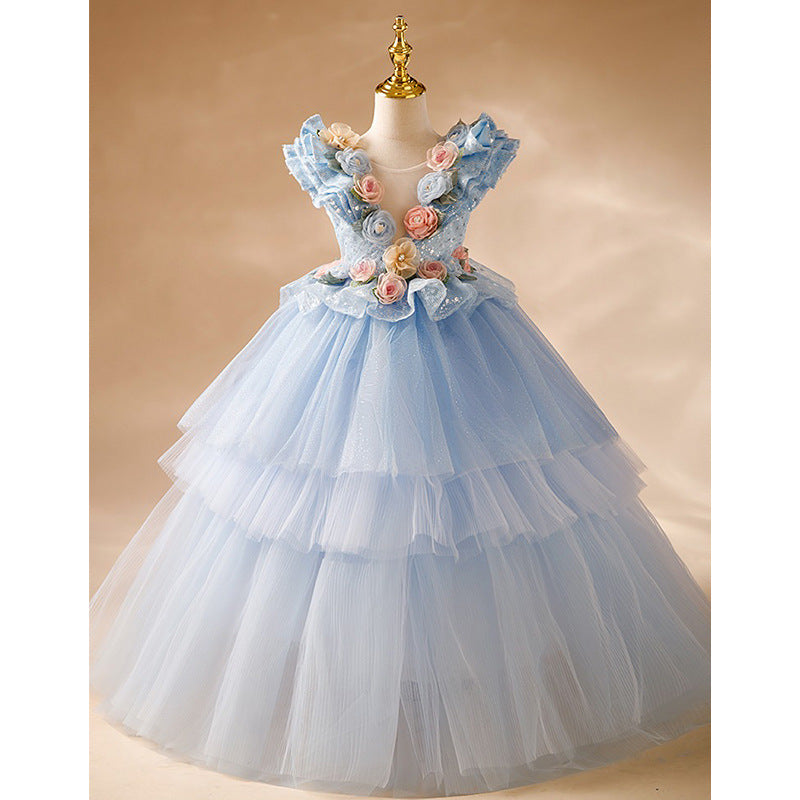 Elegant Blue Tulle A-Line Flower Girl Dress with Floral Embroidery & Sequins - V-Neck Design for Weddings, Parties & Special Occasions