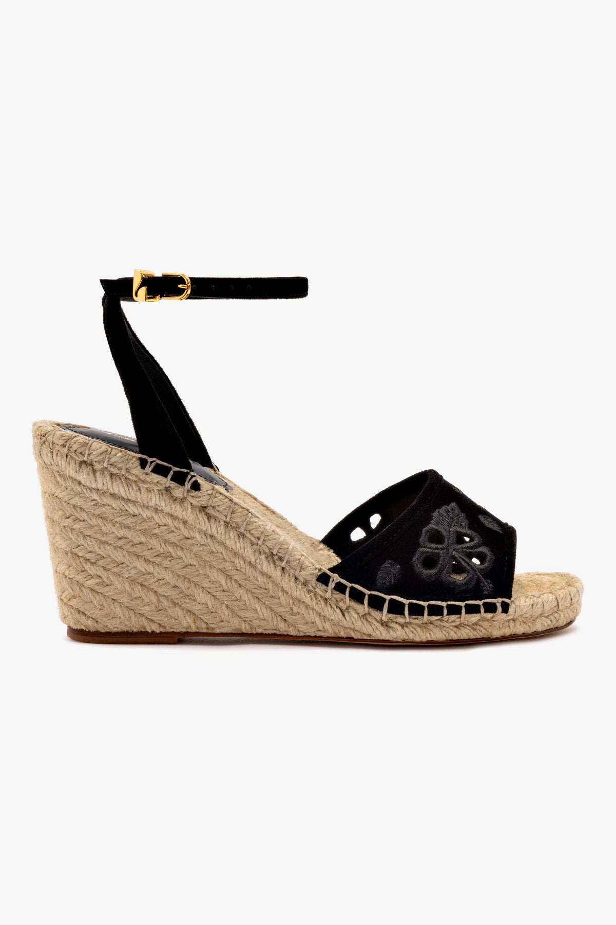 Letizia Black Suede Espadrille Wedge Sandals with Hibiscus Embroidery - Perfect for Summer Weddings & Beach Vacations