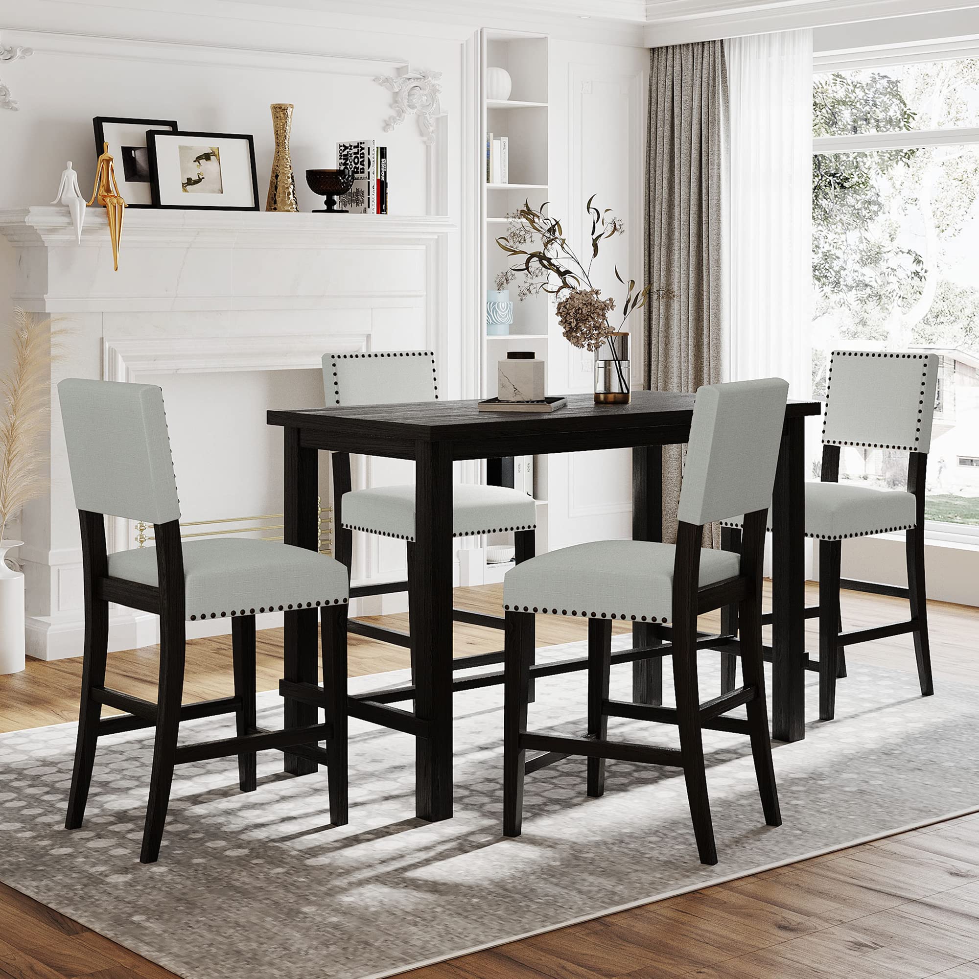 P PURLOVE 5-Piece Retro Dining Table Set with Wood Textured Top & 4 Thick Cushion Chairs - Espresso Brown Kitchen Table for Home, Living Room, Breakfast Nook & Small Space Dining