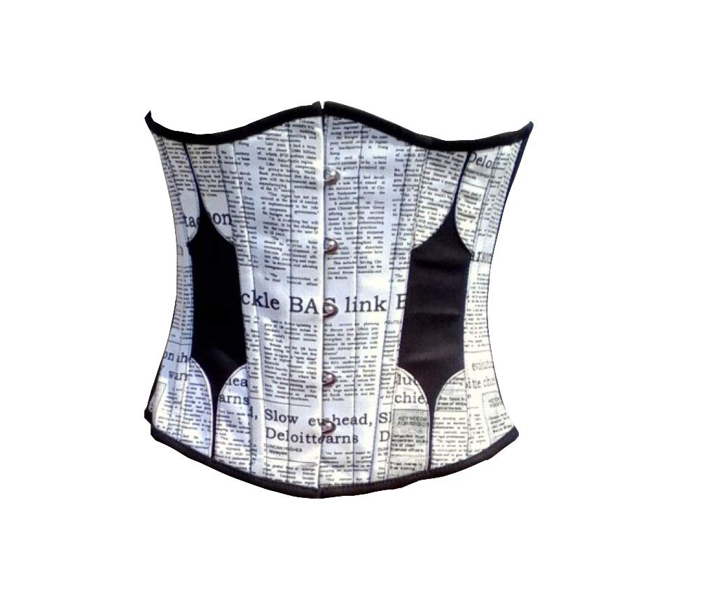 Black & White Leather Corset Top with Newspaper Print - Plus Size Gothic Underbust Bustier for Women | Perfect for Halloween Costumes, Steampunk Outfits & Alternative Fashion