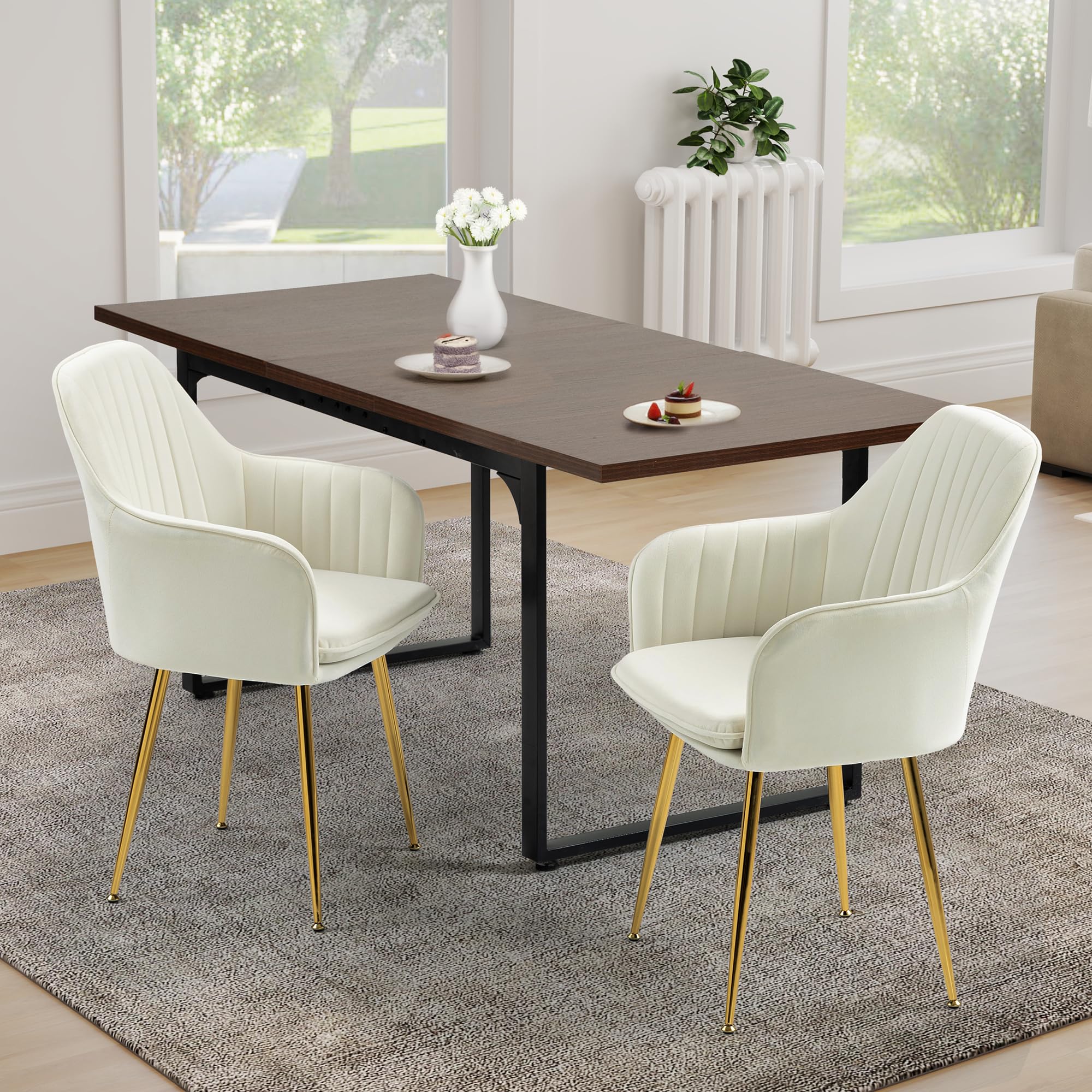ECOTOUGE Velvet Dining Chairs Set of 2 - Modern Upholstered Armchairs with Golden Metal Legs, Mid Century Kitchen & Living Room Accent Chairs in Beige | Perfect for Dining Room, Breakfast Nook & Lounge Area