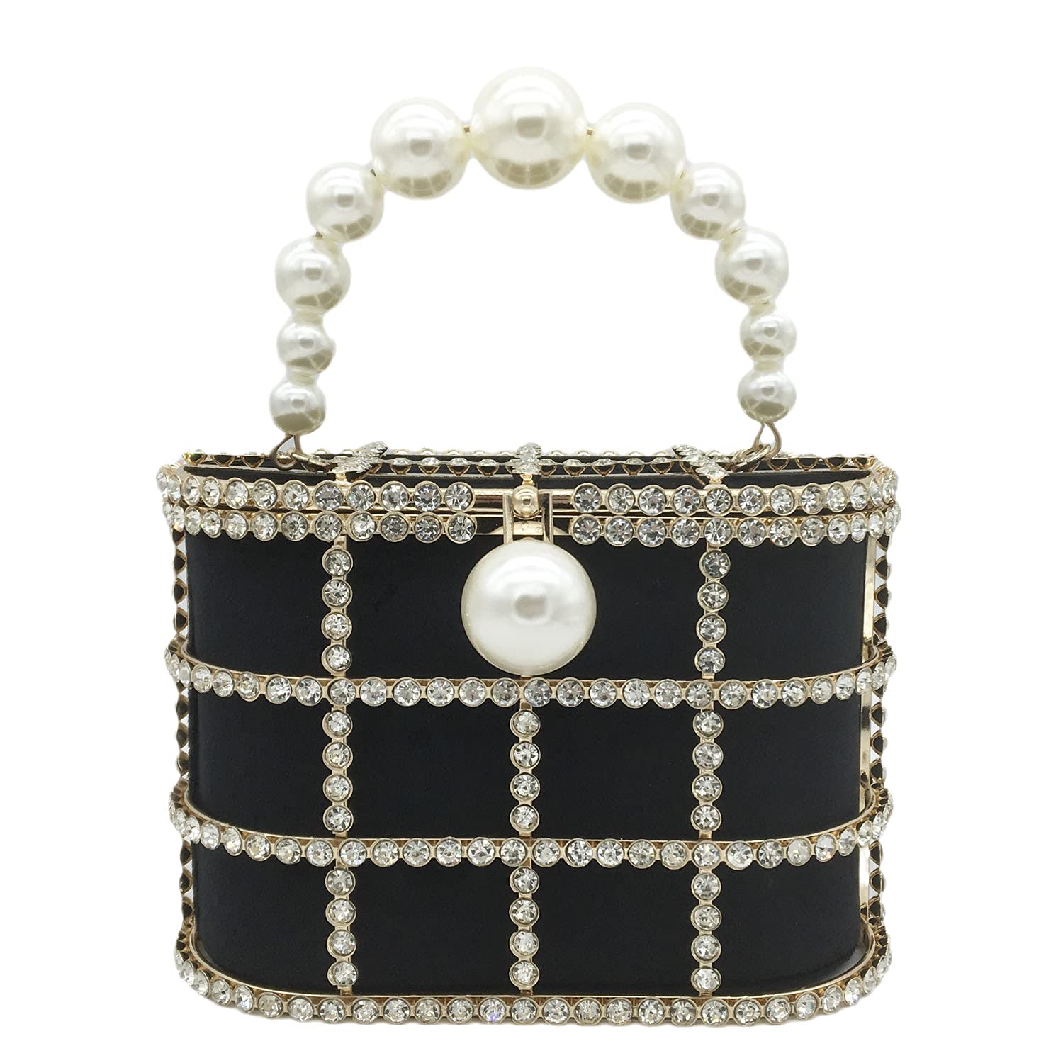 Elegant Synthetic Pearl Top-Handle Women's Metal Bucket Bag with Crystal Accents - Formal Evening Clutch Purse for Wedding, Party & Special Occasions
