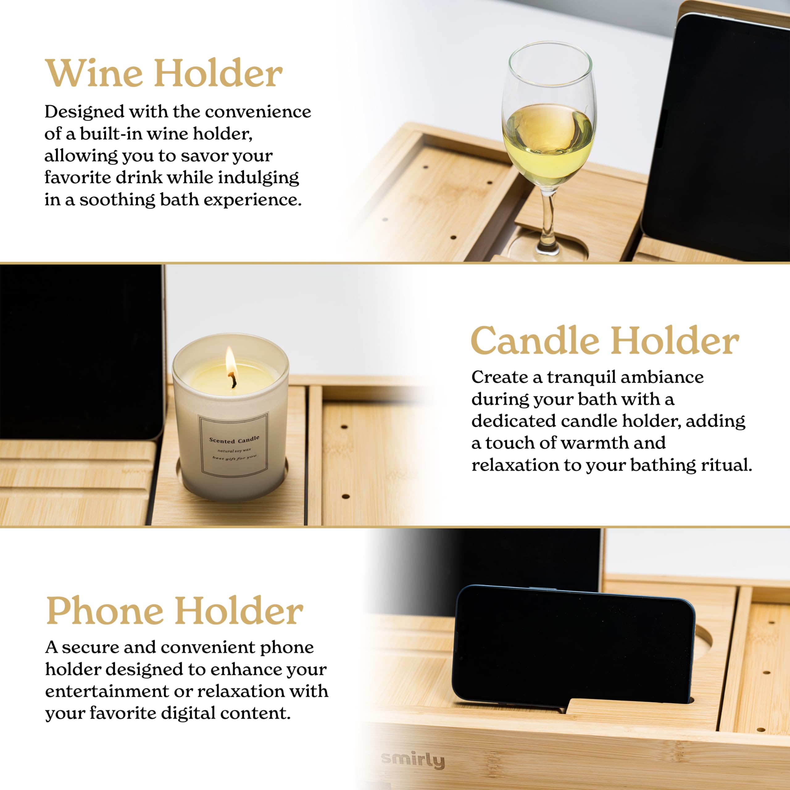 **SMIRLY Expandable Bamboo Bathtub Tray – Adjustable Wooden Bath Caddy for Soaking, Reading & Relaxation – Perfect Bath Accessory for Spa, Wine, Books & Candles**