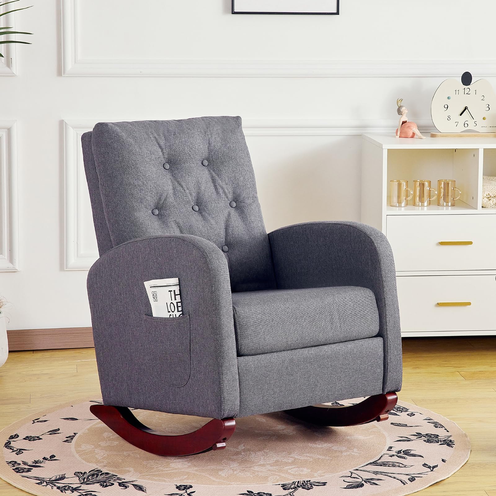 Redlife Rocking Chair Nursery - High Back Linen Upholstered Rocking Chair with Side Pocket for Living Room, Bedroom & Nursery - Comfortable Indoor Rocking Chair (Grey) - Perfect for Nursing, Reading & Relaxing