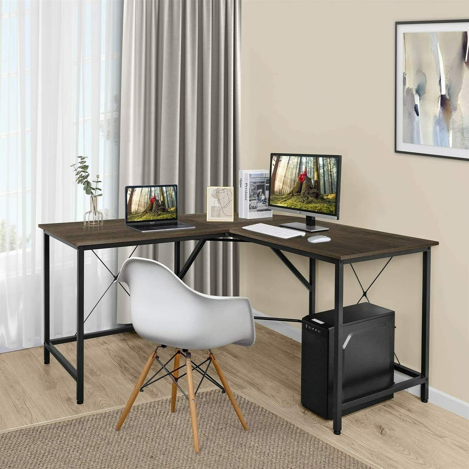 Modern L-Shaped PC Desk - Adjustable Corner Computer Desk for Home Office, Study & Workstation | Multi-Functional Writing Table with Storage | Perfect for Small Spaces & Gaming Setups (Brown)