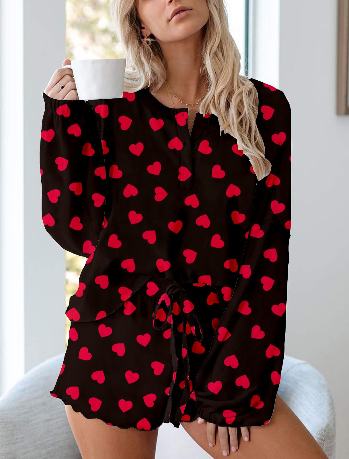 Women's Cute Peeps Printed Easter Bunny Pajama Set - Ruffle Long Sleeve Top & Shorts for Spring Sleepwear & Holiday Loungewear