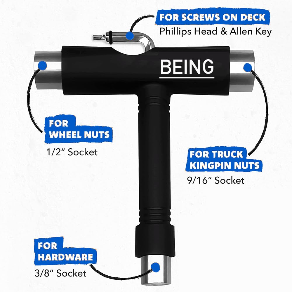 BEING All-in-One Skateboard Tool Kit - Multi-Function T Tool for Skateboards & Roller Skates | Durable Hardware Tools & Accessories | Perfect for Skate Maintenance & DIY Repairs (Pink)