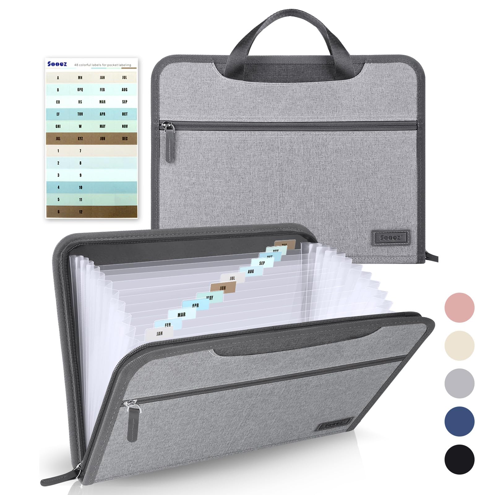 Sooez Heavy Duty Accordion File Organizer with Hidden Handle - 12 Pockets Expanding File Folder for Letter/A4 Documents | Portable Cloth Receipt Organizer for Bills, School, Office & Home Use | Perfect for Classroom Supplies, Tax Organization & Document Storage