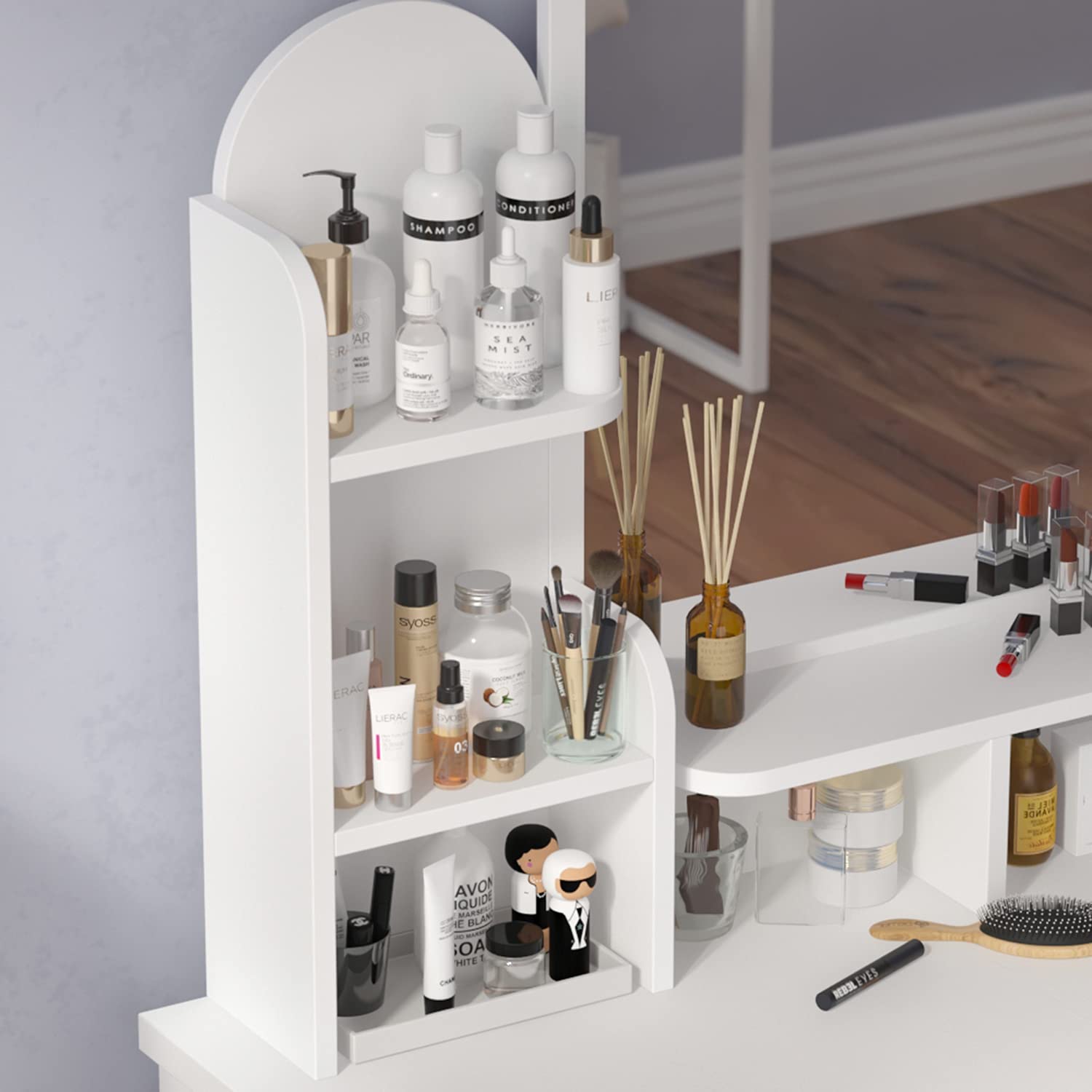 White Vanity Desk Set with Mirror & Stool - 5 Drawers for Bedroom Makeup