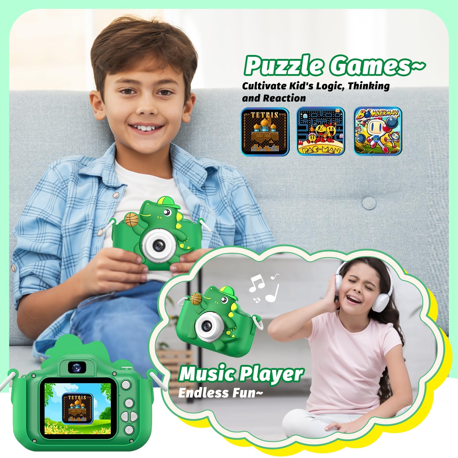 Masterbee Dinosaur Kids Digital Camera Toy - 1080P HD Camera for Boys & Girls Ages 3-12, Fun Educational Gift for Christmas & Birthday - Perfect for Outdoor Adventures, Travel & Creative Photography