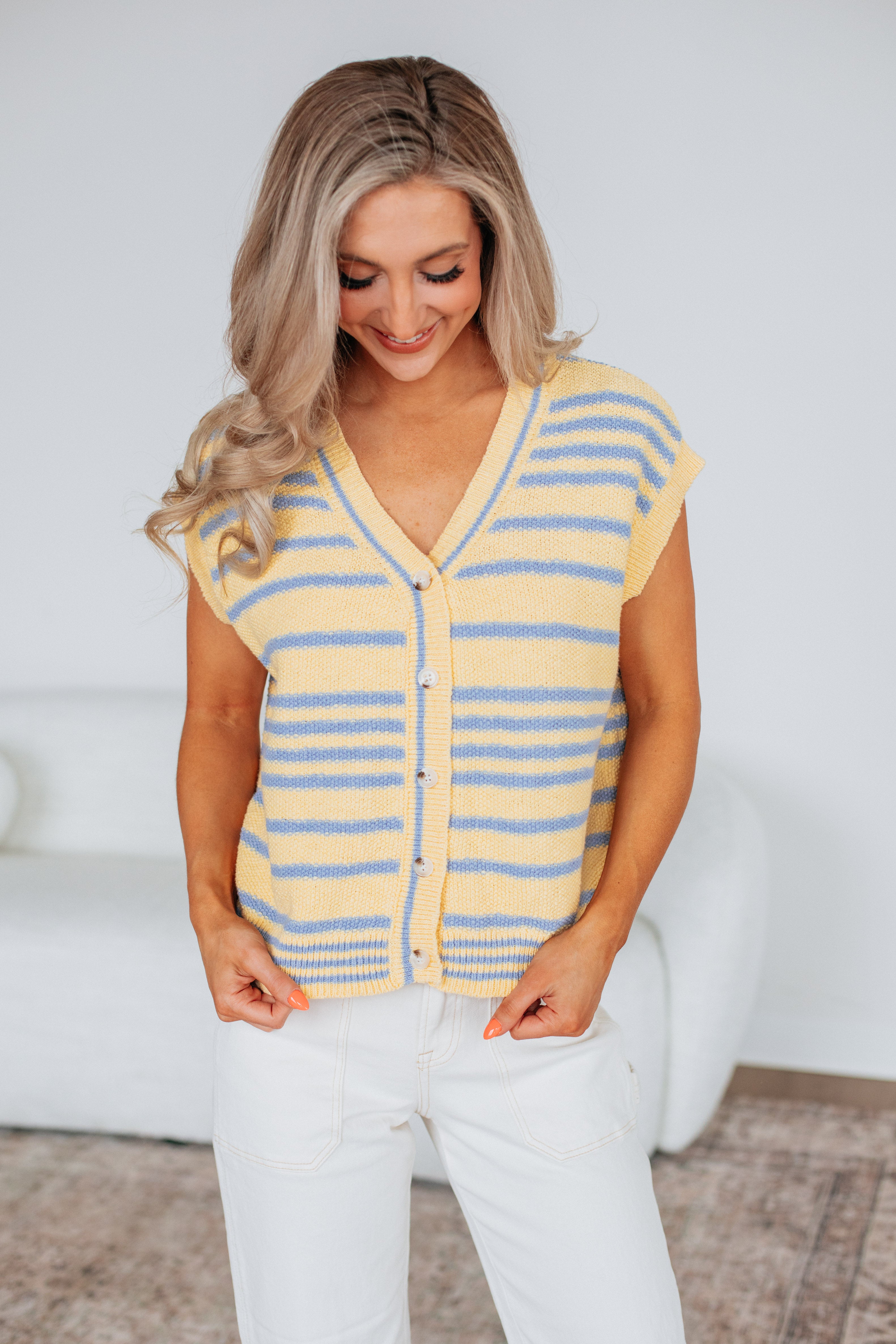 Charleston Sweater Top - Lemon Mix Color Women's Knit Pullover for Casual Wear & Fall Fashion
