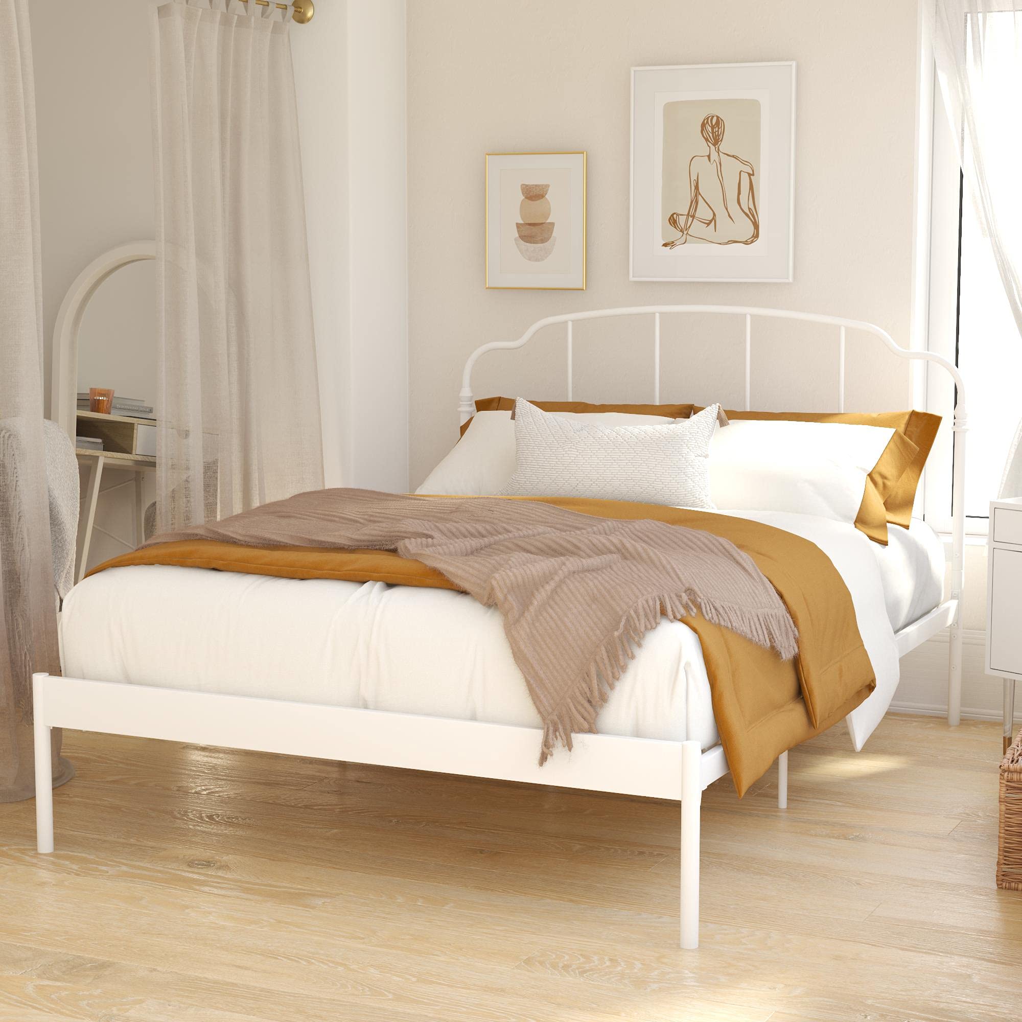 REALROOMS Camie Metal Platform Bed Frame with Adjustable Height, No Box Spring Required, Full Size, White - Perfect for Modern Bedrooms, Guest Rooms & Small Spaces