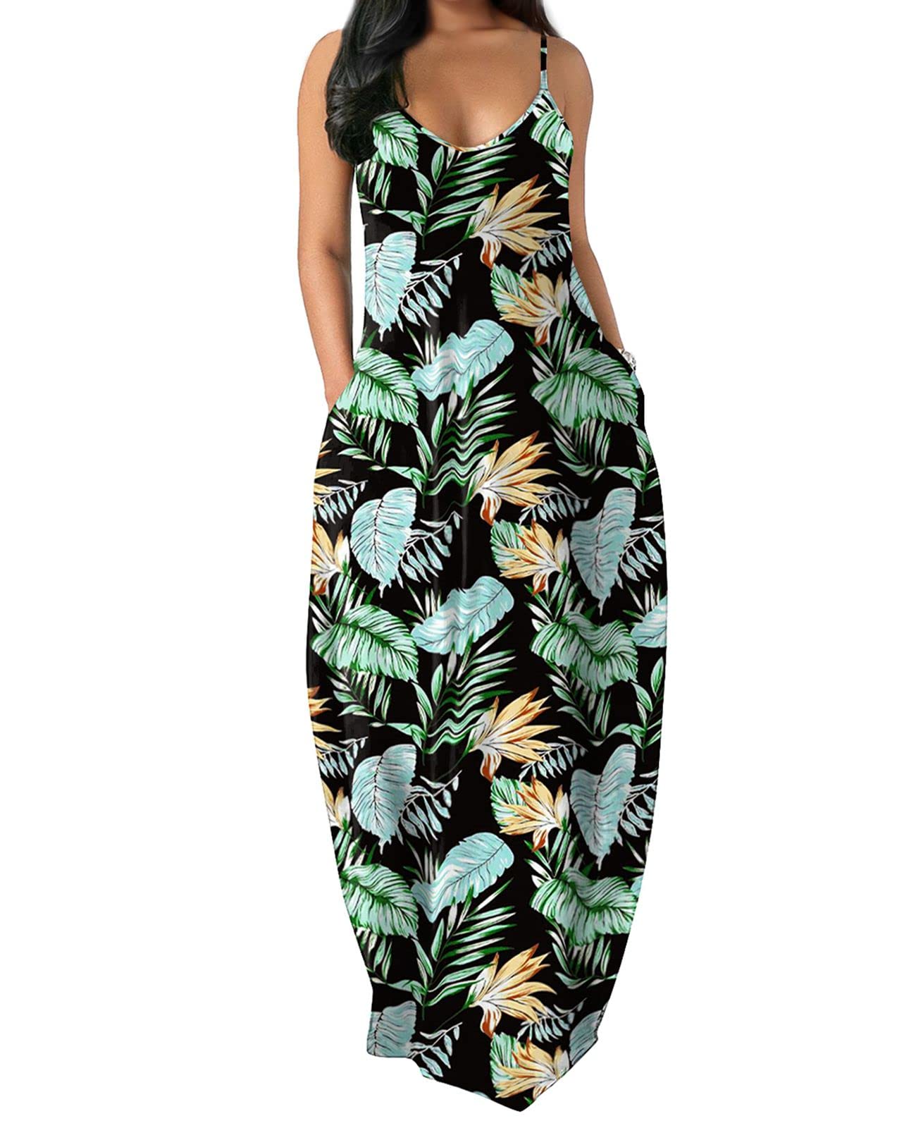 OFEEFAN Women's Summer Maxi Dress - Flowy Spaghetti Strap Sundress with Side Pockets | Beach Cover Up, Vacation Outfit, Casual Day Dress