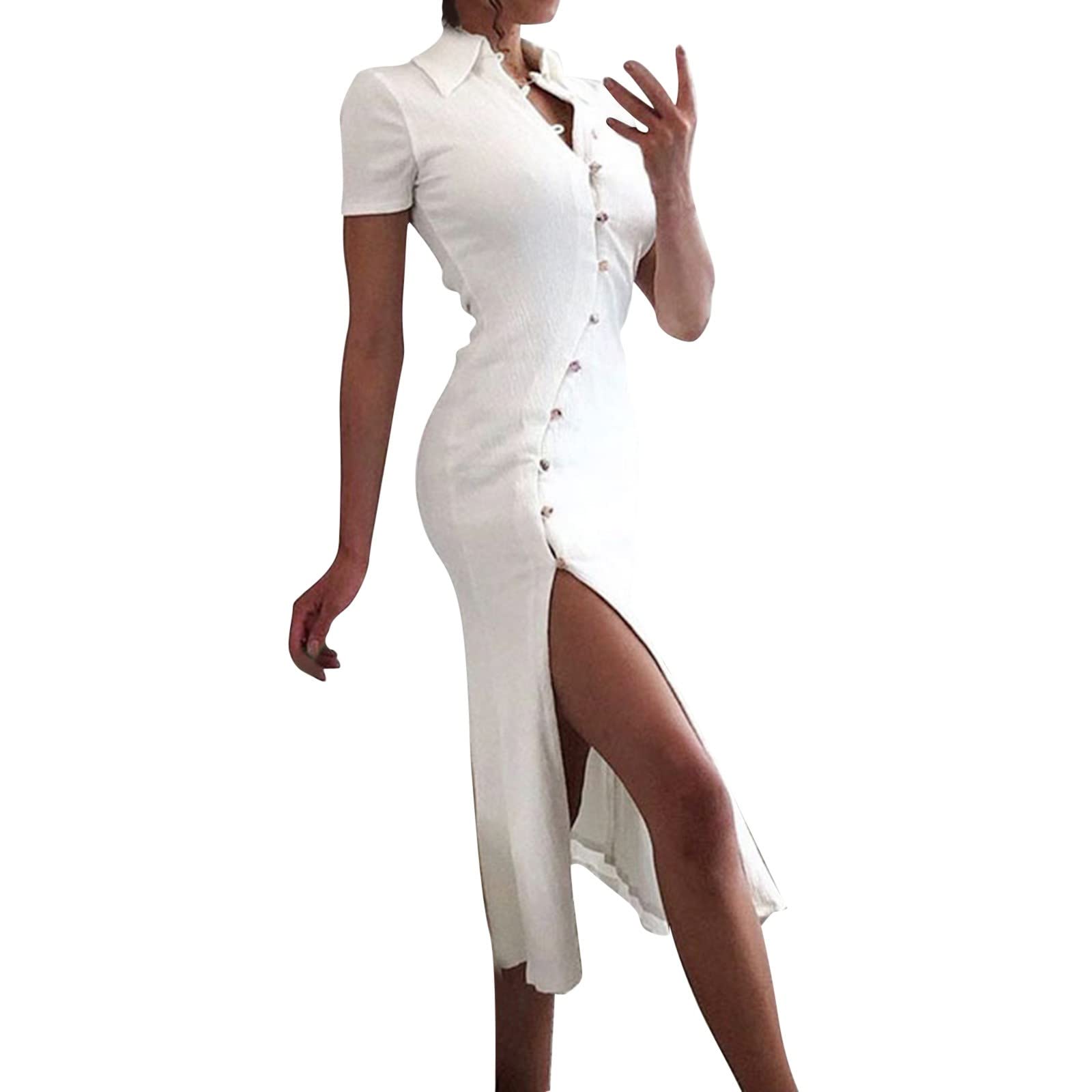 Women's Summer Dress - Medium Length Sexy Split Collar Button Down Shirt Dress for Casual Wear | Perfect for Beach, Vacation, and Everyday Outfits