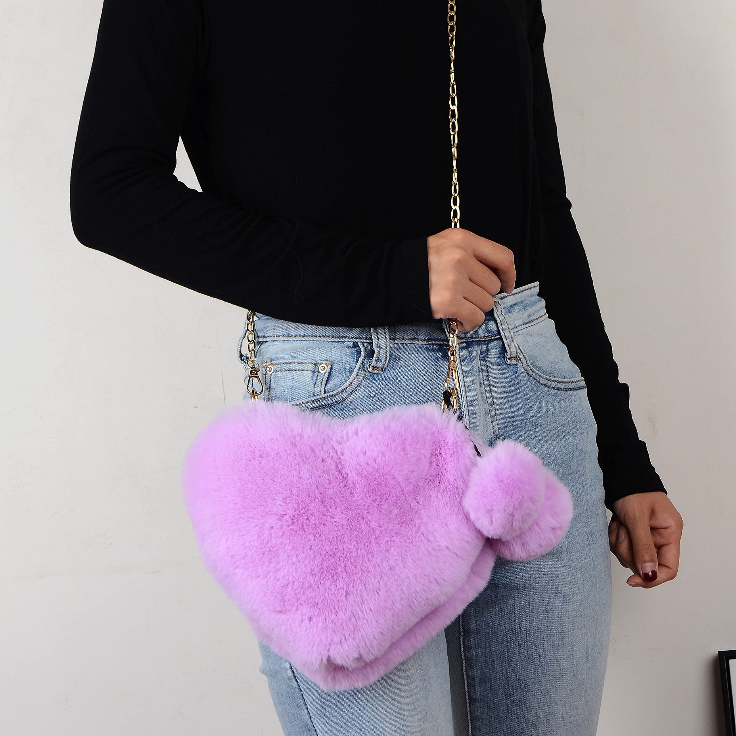 Rejolly Fluffy Faux Fur Heart Shaped Handbag for Women & Girls - Soft Small Shoulder Bag Clutch Purse - Perfect for Date Night, Parties & Casual Outings