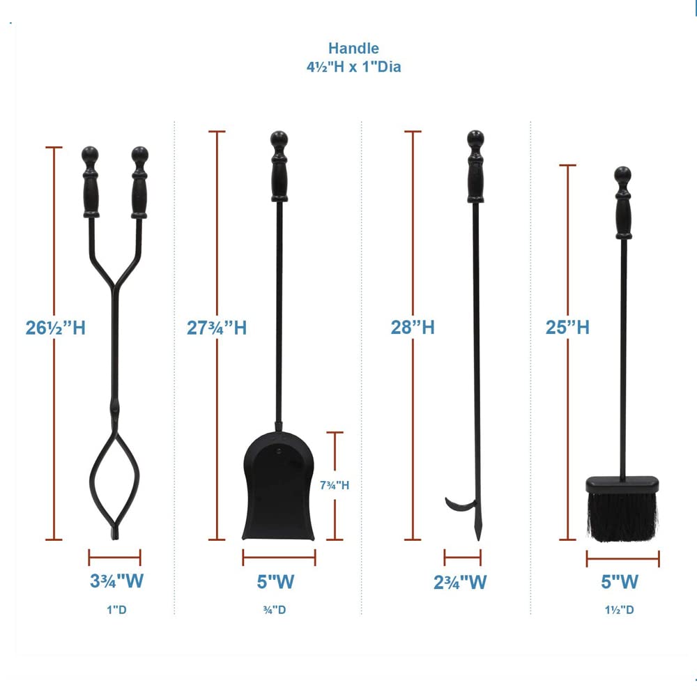Westminster 5-Piece Black Fireplace Tool Set - Heavy Duty Steel Fireplace Poker, Shovel, Broom & Stand - Perfect for Indoor/Outdoor Fire Pits, Fireplaces & Wood Stoves