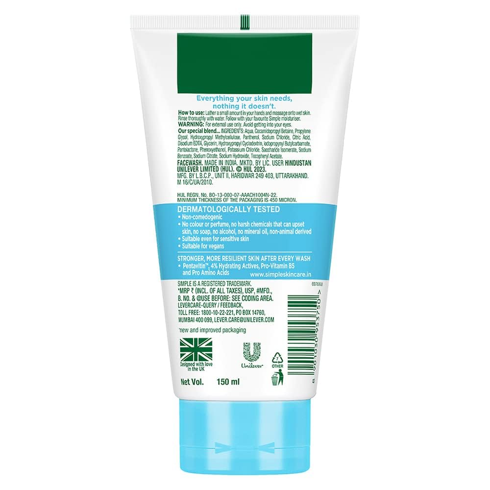Simple Water Boost Micellar Face Wash 150ml - Soap-Free Gentle Cleanser for Normal to Dry Skin | Hydrating Facial Cleanser for Women & Men | Perfect for Daily Skincare Routine & Makeup Removal