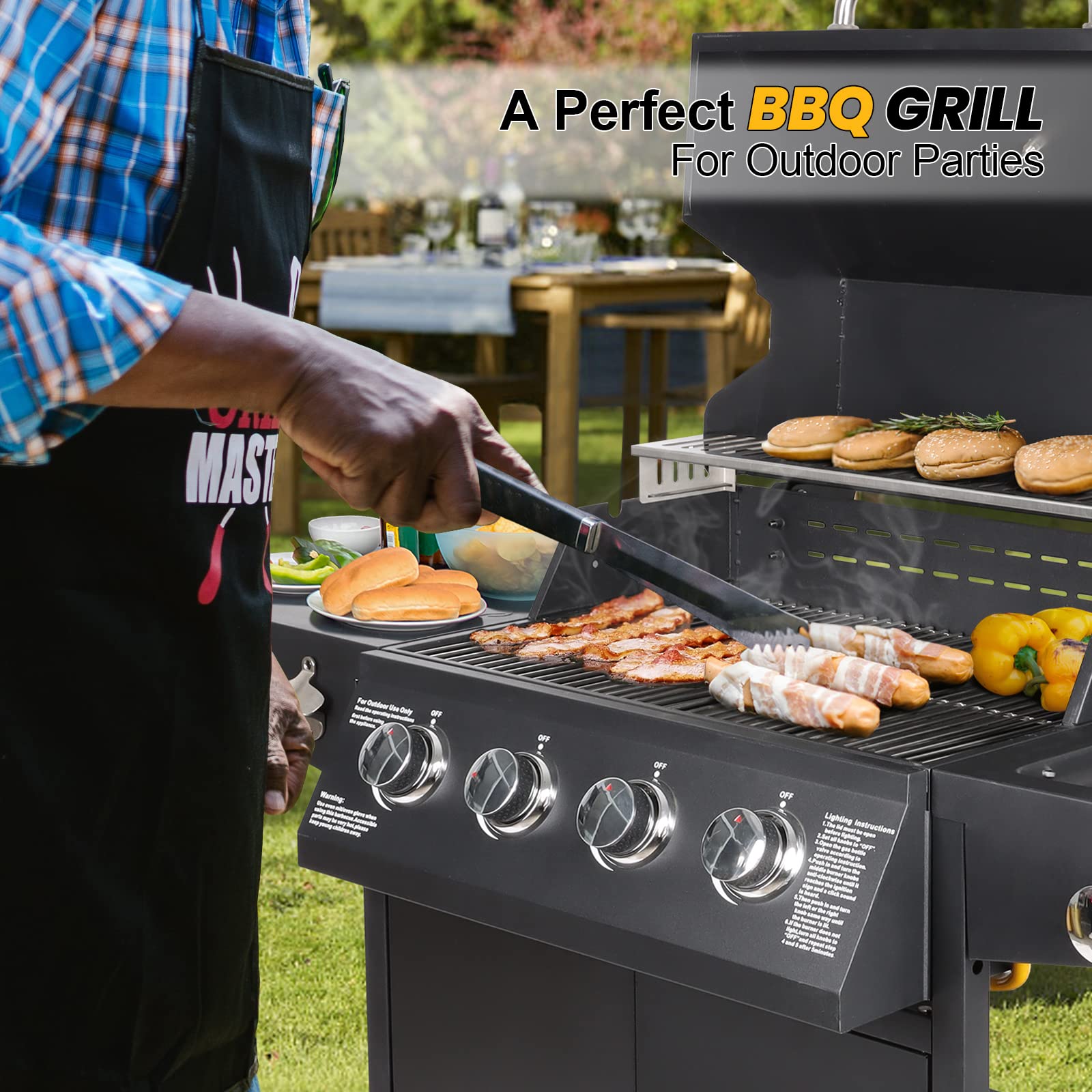 **4-Burner Propane Gas Grill with Side Burner - Freestanding Outdoor BBQ Grill Cart with Wheels for Backyard, Garden, and Patio Cooking - Black**