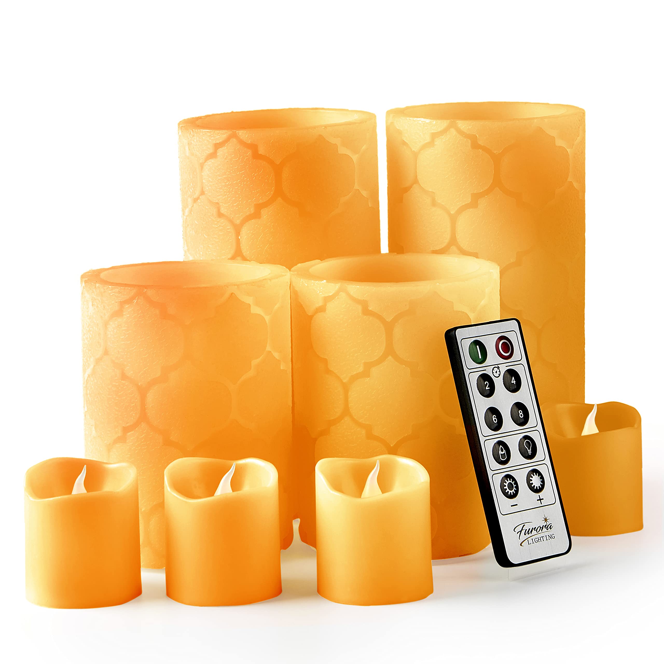 FURORA LIGHTING Orange Nordic Real Wax LED Candles with Remote Timer - 4 Pillar & 4 Votives Flameless Flickering Candles Set (8 Pack) - Battery Included for Home Decor, Wedding Centerpieces, Christmas & Holiday Decorations