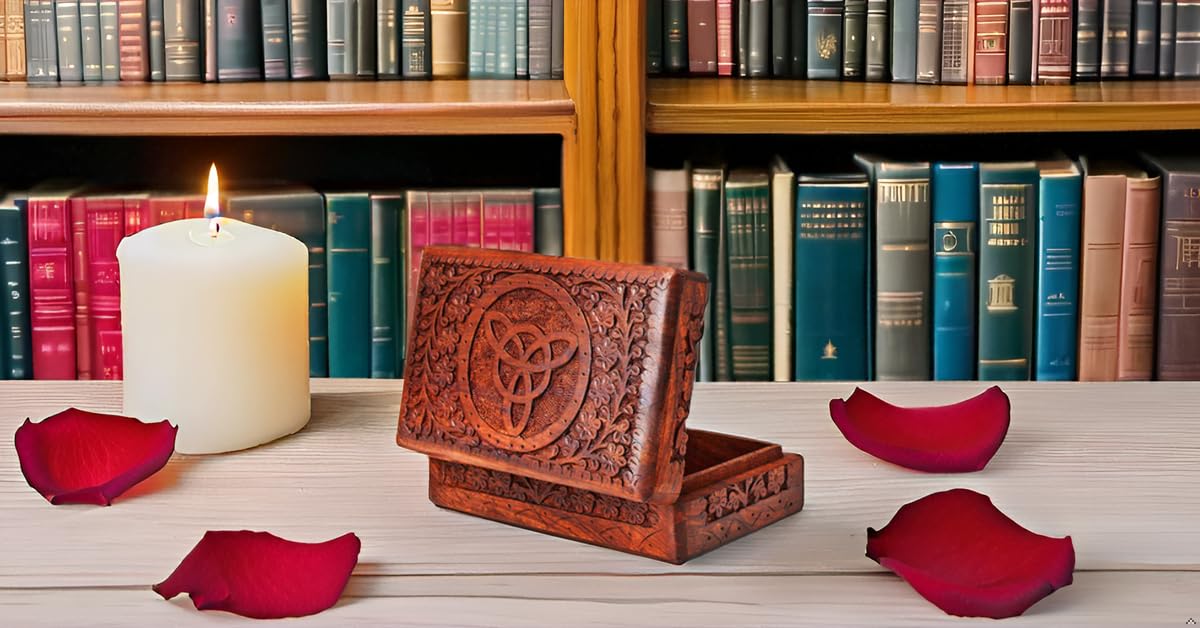 Handmade Wooden Jewelry Box with Triquetra Design - 8 x 5 Inch Decorative Keepsake Box for Jewelry, Watches & Treasures - Perfect Birthday Gift, Wedding Present & Home Storage Organizer (Great for Bedroom Dresser, Travel & Special Occasion Gifts)