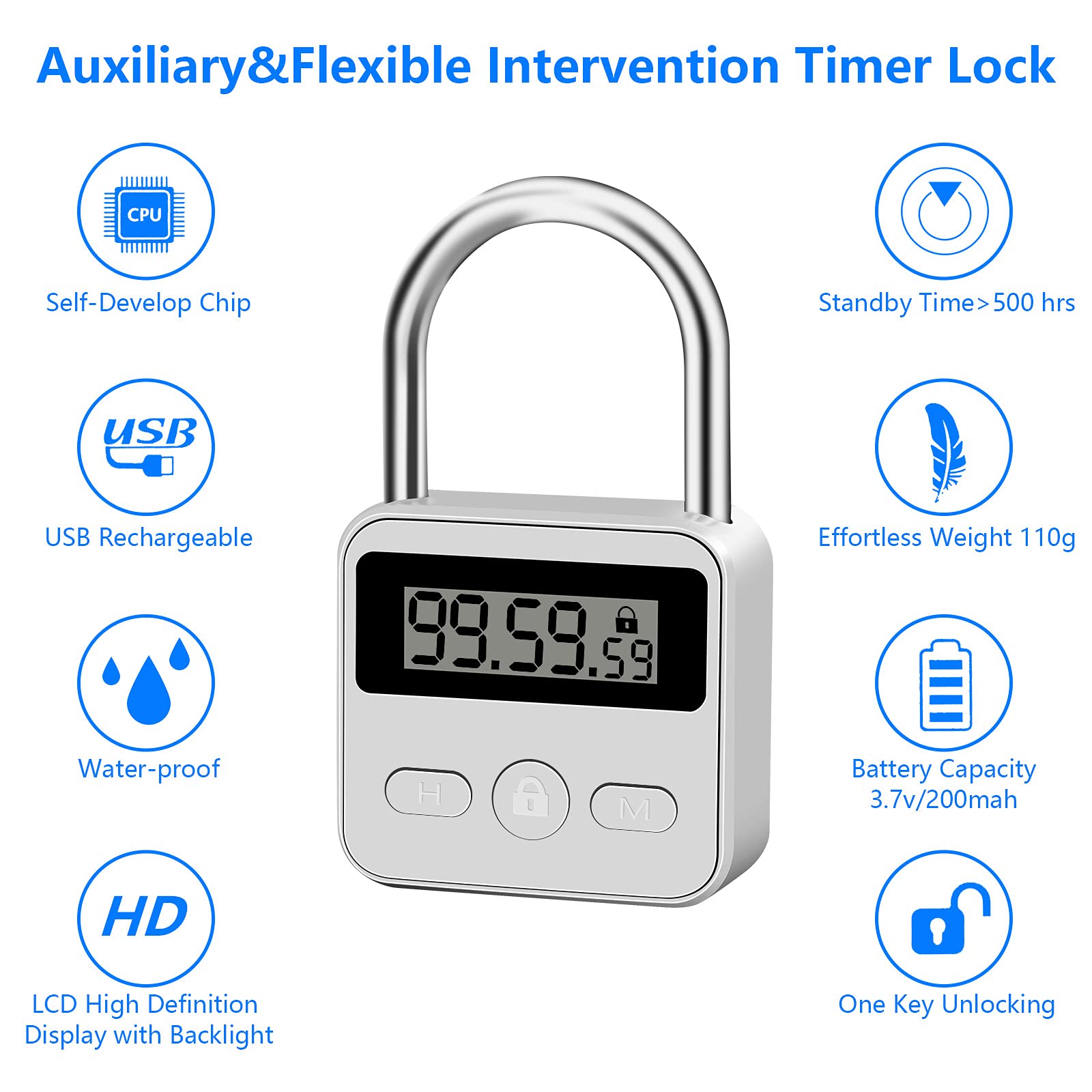 Upgraded Smart Timer Alloy Lock - 100 Hours Max Time Rechargeable Padlock with LCD Display, Silver - Perfect for Gym Lockers, Storage Units, Lockers & Travel Security