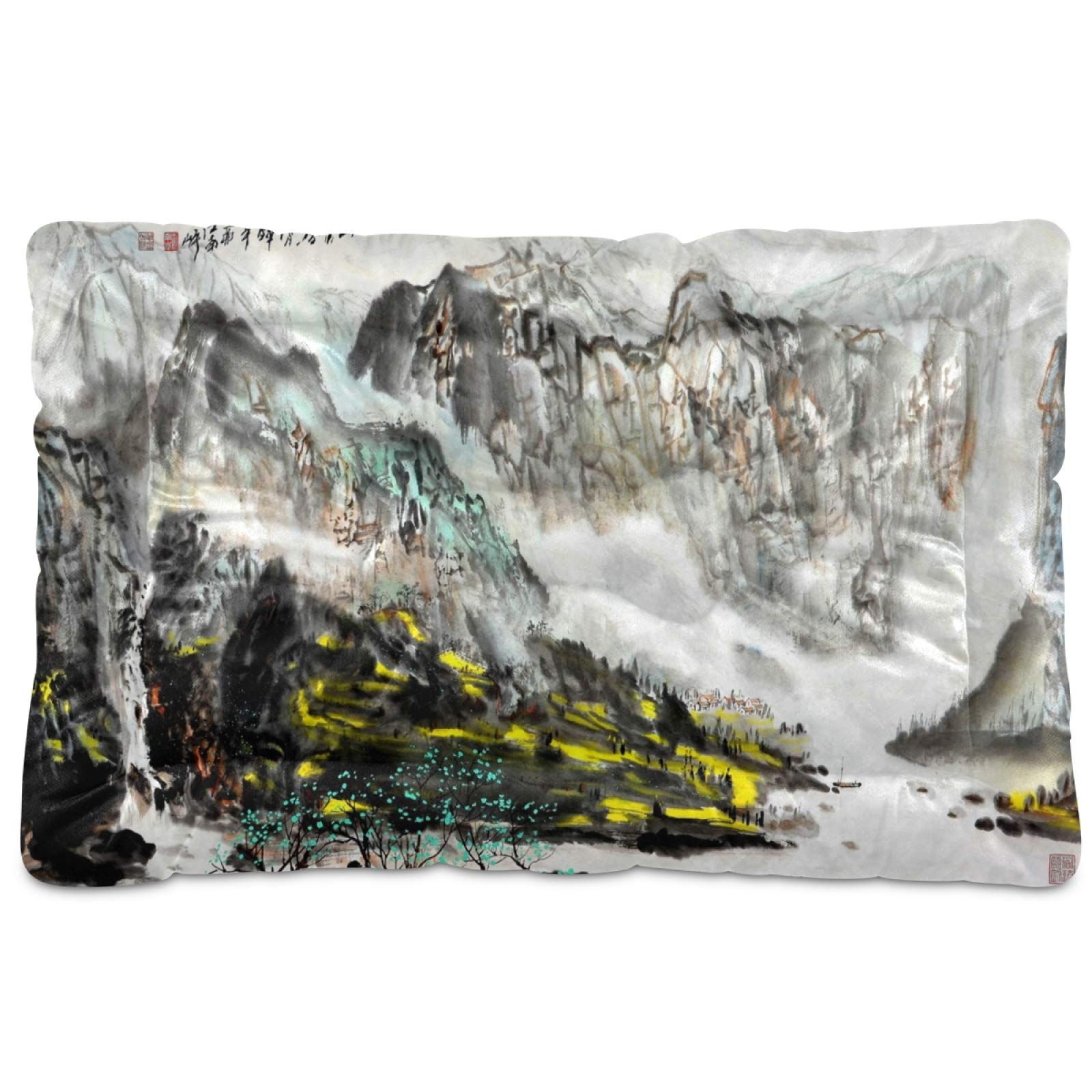KEEPREAL Chinese Painting Dog Bed & Cat Bed - Rectangle Ultra Soft Comfortable Pet Bed for Small Medium Dogs (24x18in) - Calming Pet Bed for Crate, Living Room & Bedroom