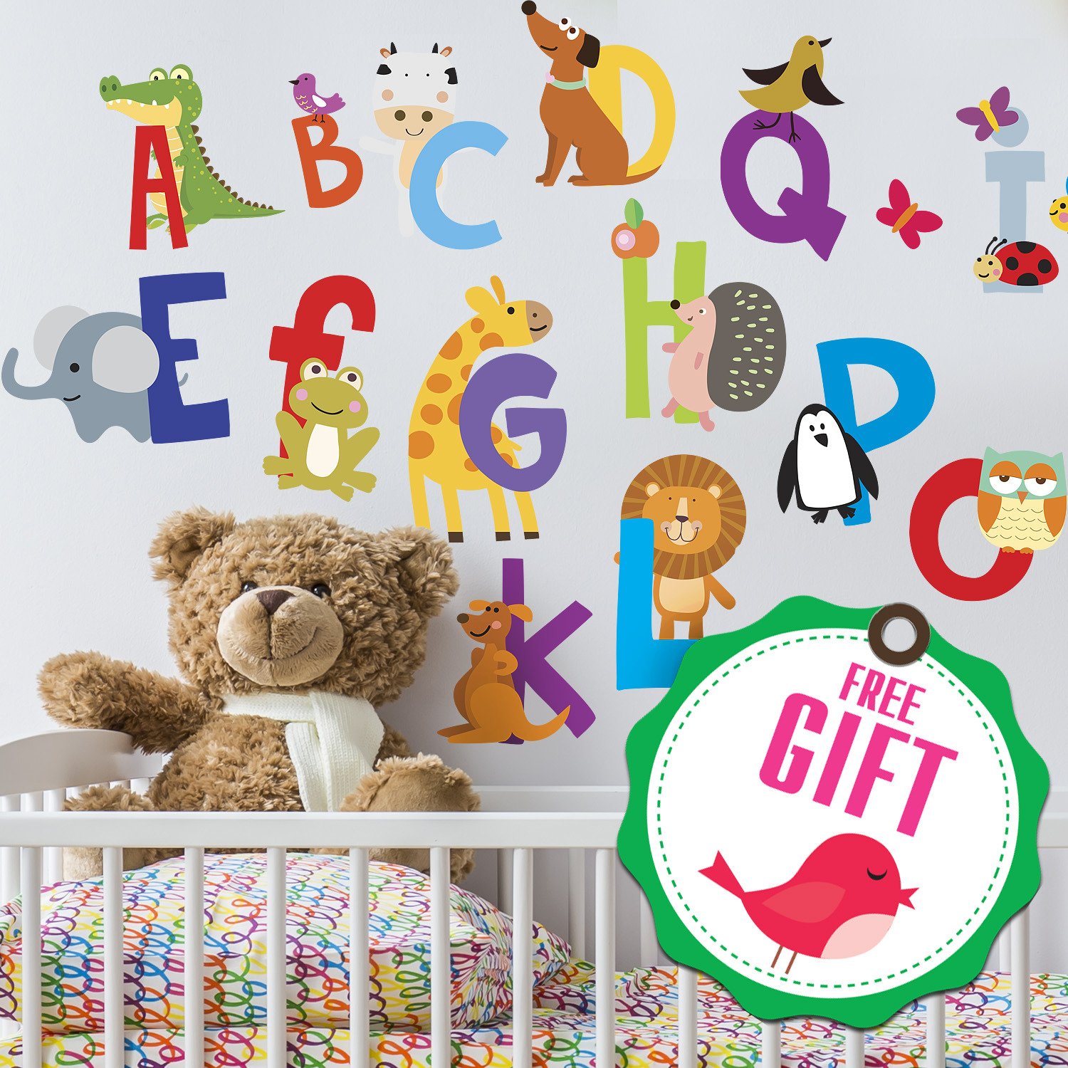 ABC Alphabet Stickers - Animal Themed Wall Decals for Kids Room & Classroom Decor - Reusable Letter Stickers with Free Gift - Perfect for Nursery, Playroom & Learning Spaces