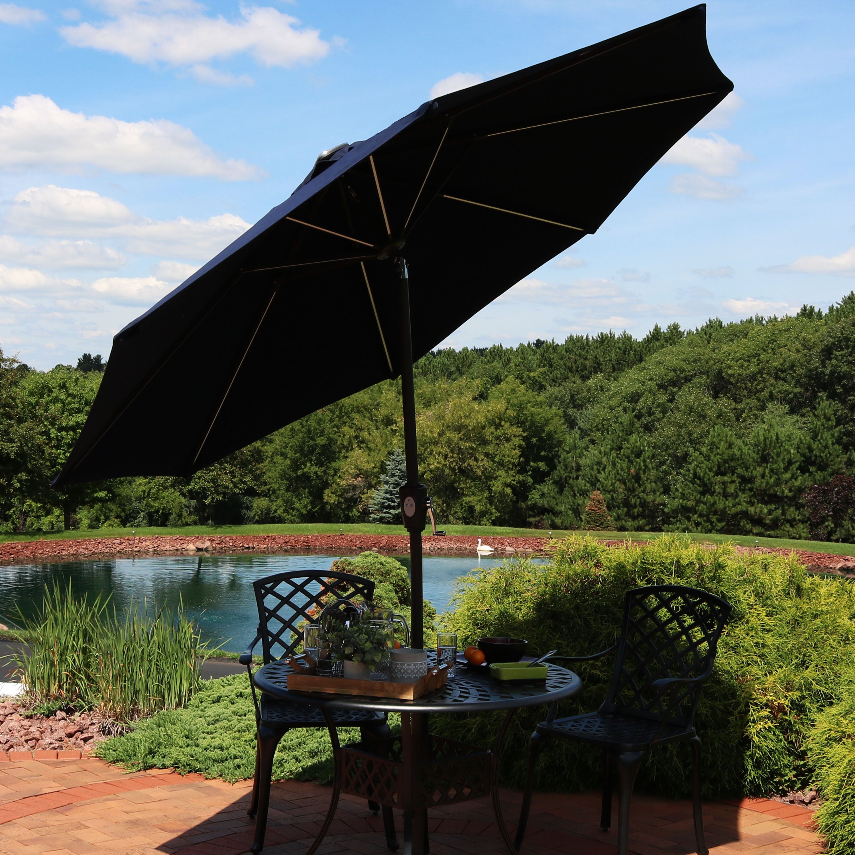 Sunnydaze 9 Foot Solar Sunbrella Patio Umbrella with Push Button Tilt & Crank - Perfect for Poolside, Backyard, and Outdoor Dining Areas