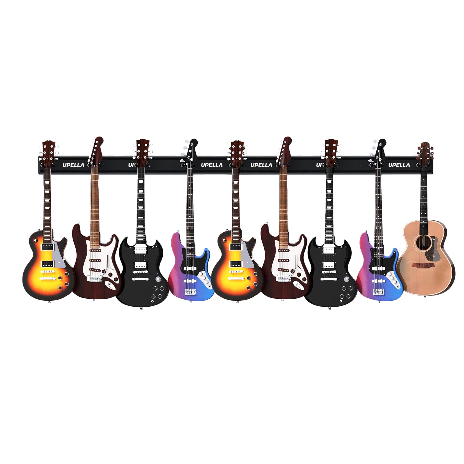Premium Aluminum Guitar Wall Mount Hanger - Holds 10 Guitars & Basses, Adjustable Mandolin Banjo Violin Holder - Wall Mounted Instrument Display Rack for Home Studio, Music Room & Stage Decor