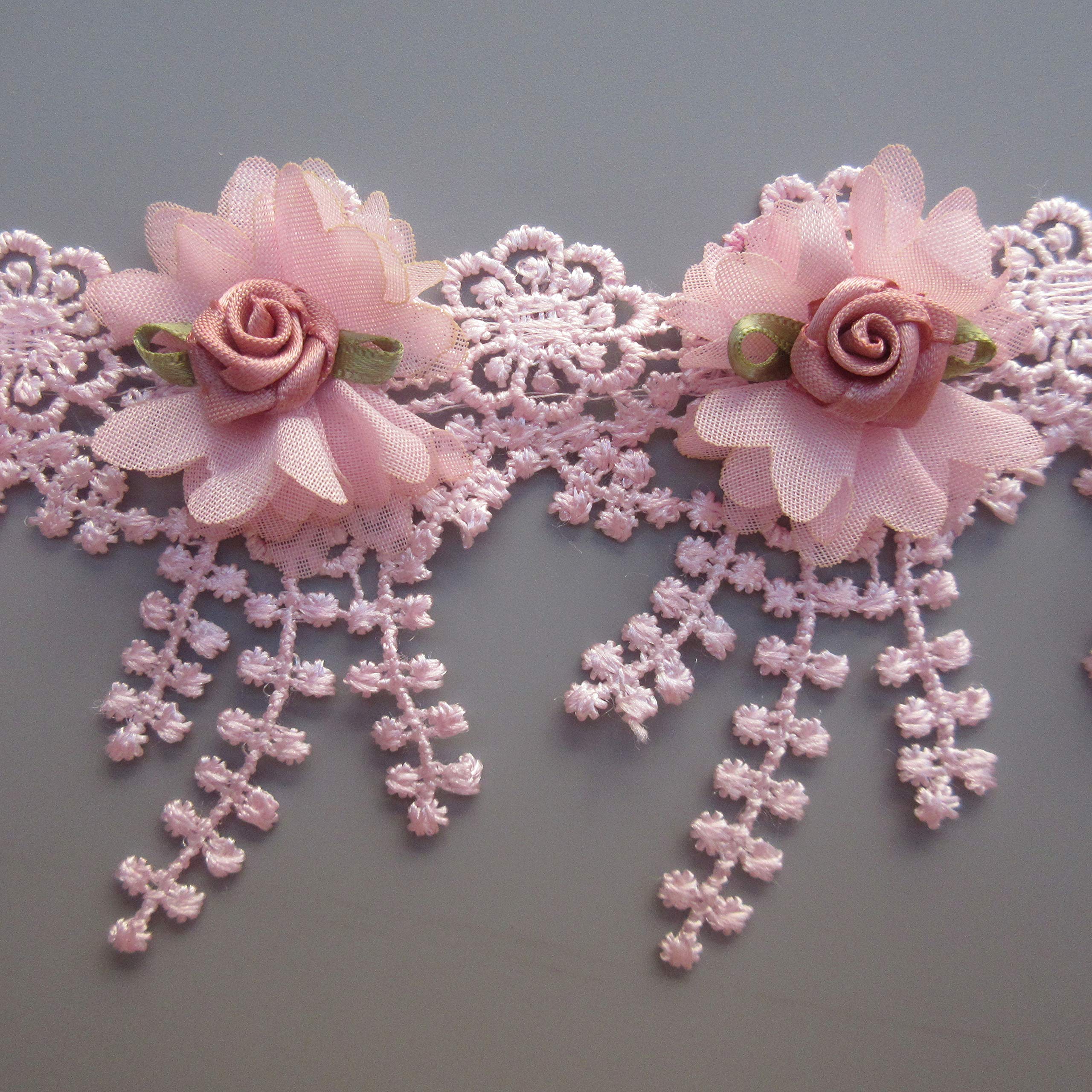 3D Chiffon Flower Lace Trim Ribbon - 1 Yard Vintage Pink Embroidered Tassel Fringe (85mm Width) for Wedding Dresses, Bridal Gowns, DIY Sewing Crafts, Socks & Clothing Embellishment - Perfect for Dressmaking, Home Decor & Fashion Accessories