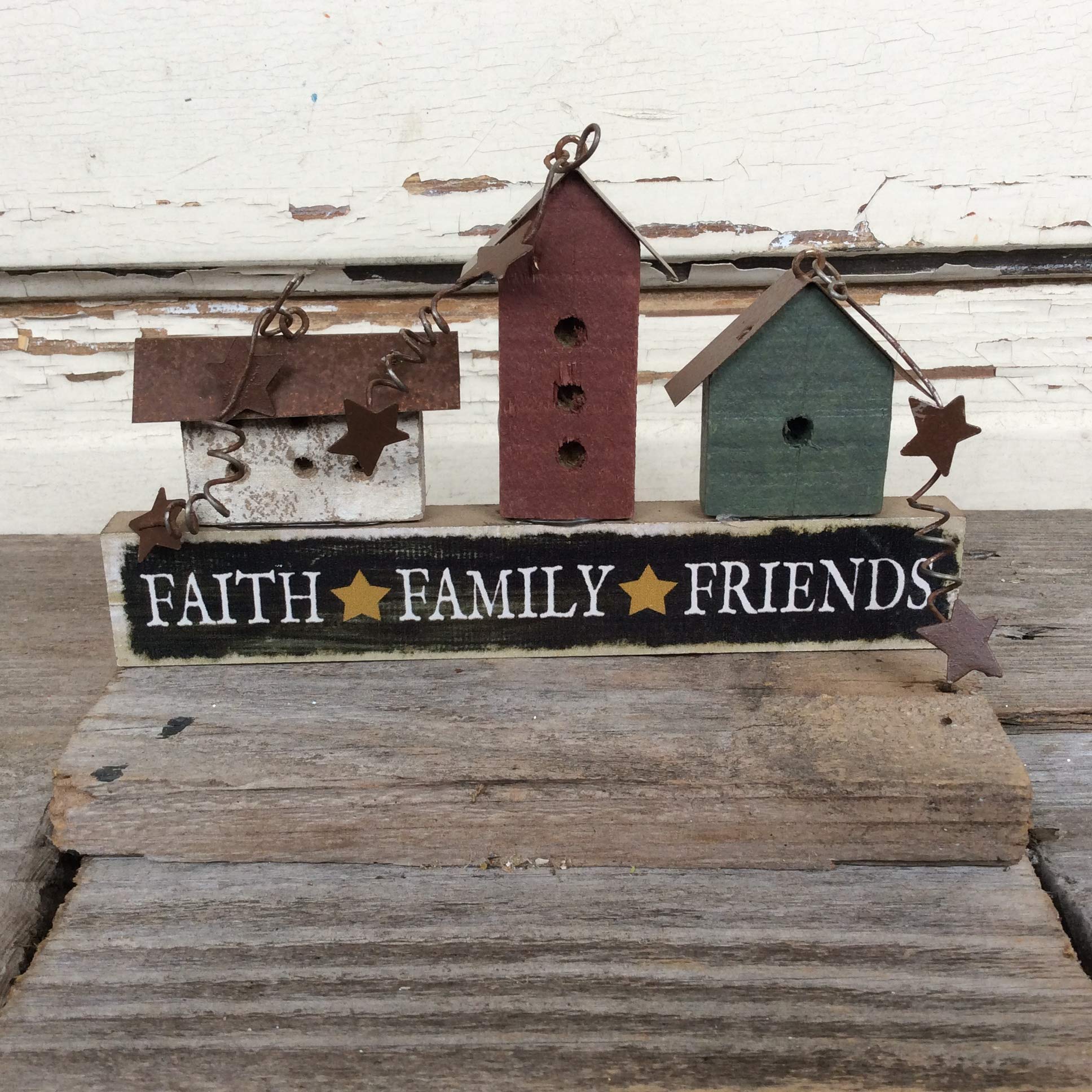 AGD Home Decor - Prim Faith Family Friends Mini Bird House for Garden, Porch & Indoor Decor | Rustic Country Style Birdhouse