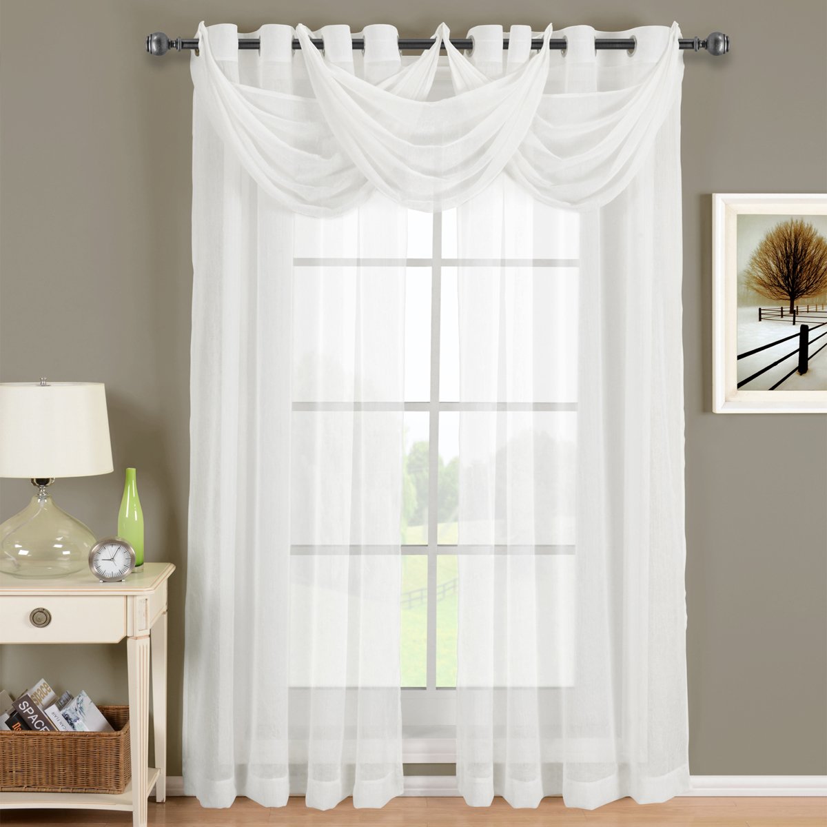Royal Hotel Luxury Abri Top Grommet Crushed Sheer Curtains - 108 Inches Long, White (Set of 2) - Elegant Window Treatments for Living Room, Bedroom & Hotel Decor