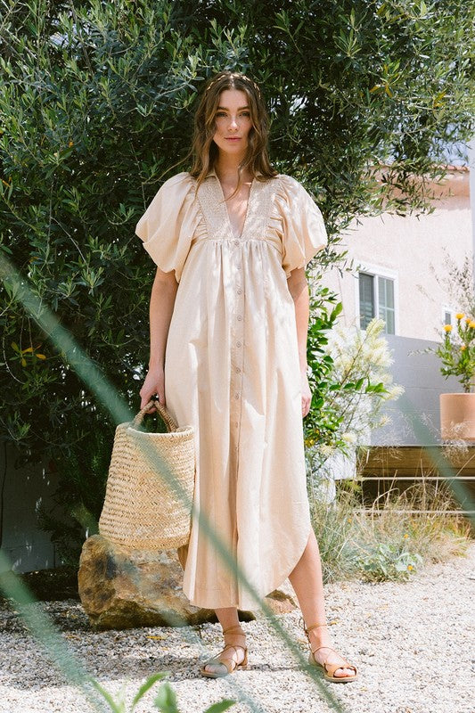 Elegant Smocked Puff Sleeve Resort Midi Dress for Women - Perfect for Beach Vacations, Summer Weddings & Tropical Getaways